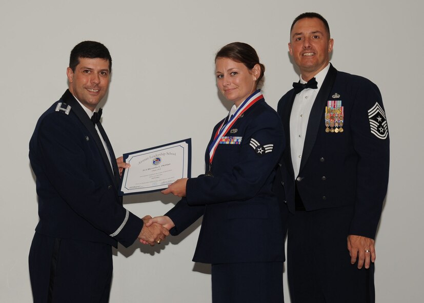 Senior Airman Marcella Phillips, 2nd Aircraft Maintenance Squadron, receives an Airman Leadership School graduation certificate from Col. Andrew Gebara, 2nd Bomb Wing commander, on Barksdale Air Force Base, La., June 21, 2013. (U.S. Air Force photo).