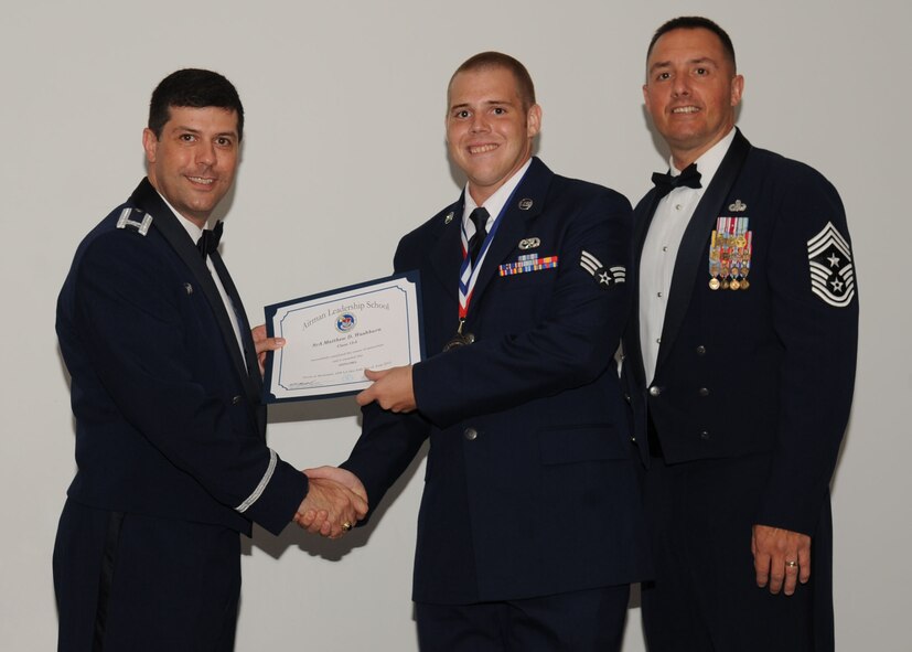 Senior Airman Matthew Washburn, 2nd Aircraft Maintenance Squadron, receives an Airman Leadership School graduation certificate from Col. Andrew Gebara, 2nd Bomb Wing commander, on Barksdale Air Force Base, La., June 21, 2013. (U.S. Air Force photo).