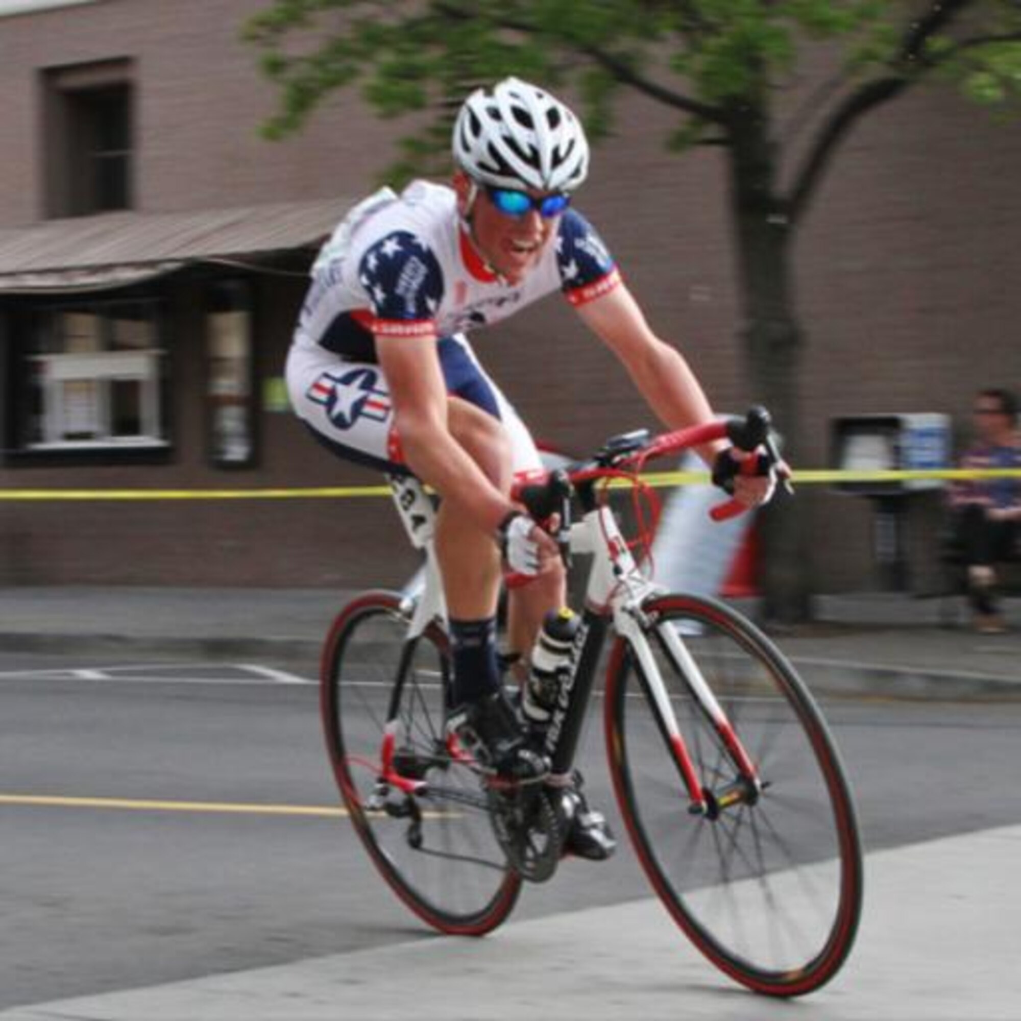 1st Lt. Mark Taylor, 490th Missile Squadron ICBM combat crew commander, races to the finish in the Montana State Criterium Championship in Helena. Taylor finished first in the race. (photo courtsey 1st Lt. Mark Taylor)