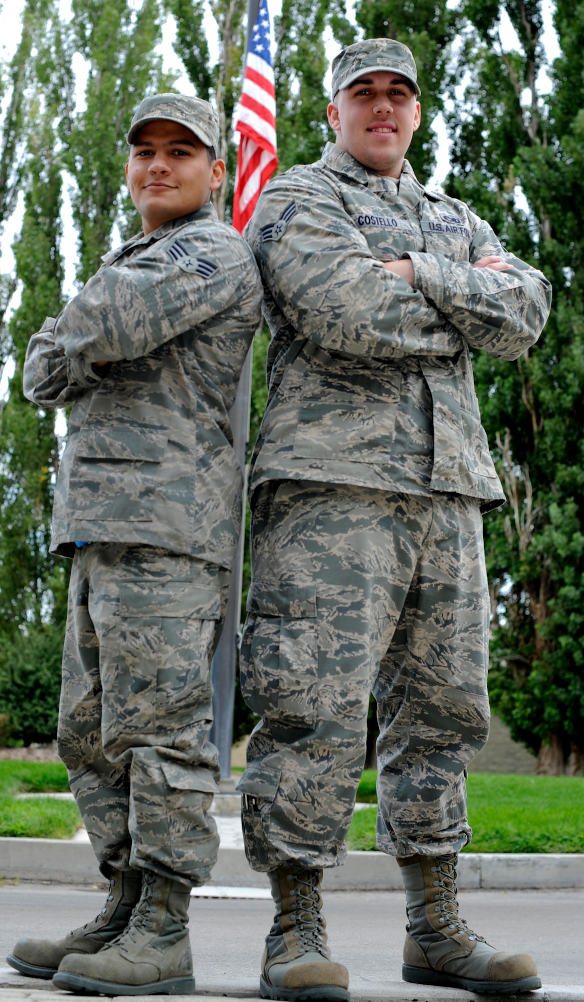 U.S. Air Force Senior Airmen Jorge Ferrer, 366th Equipment Maintenance Squadron aircraft armament systems and Jason Costello, 366th Aircraft Maintenance Squadron weapons load crewmember, recently saved an elderly man’s life, July 28, 2013, in Mountain Home, Idaho. After assessing the situation, the Airmen instinctively sprung to action using basic self-aid and buddy care techniques. (U.S. Air Force photo by Senior Airman Shane M. Phipps/Released)

