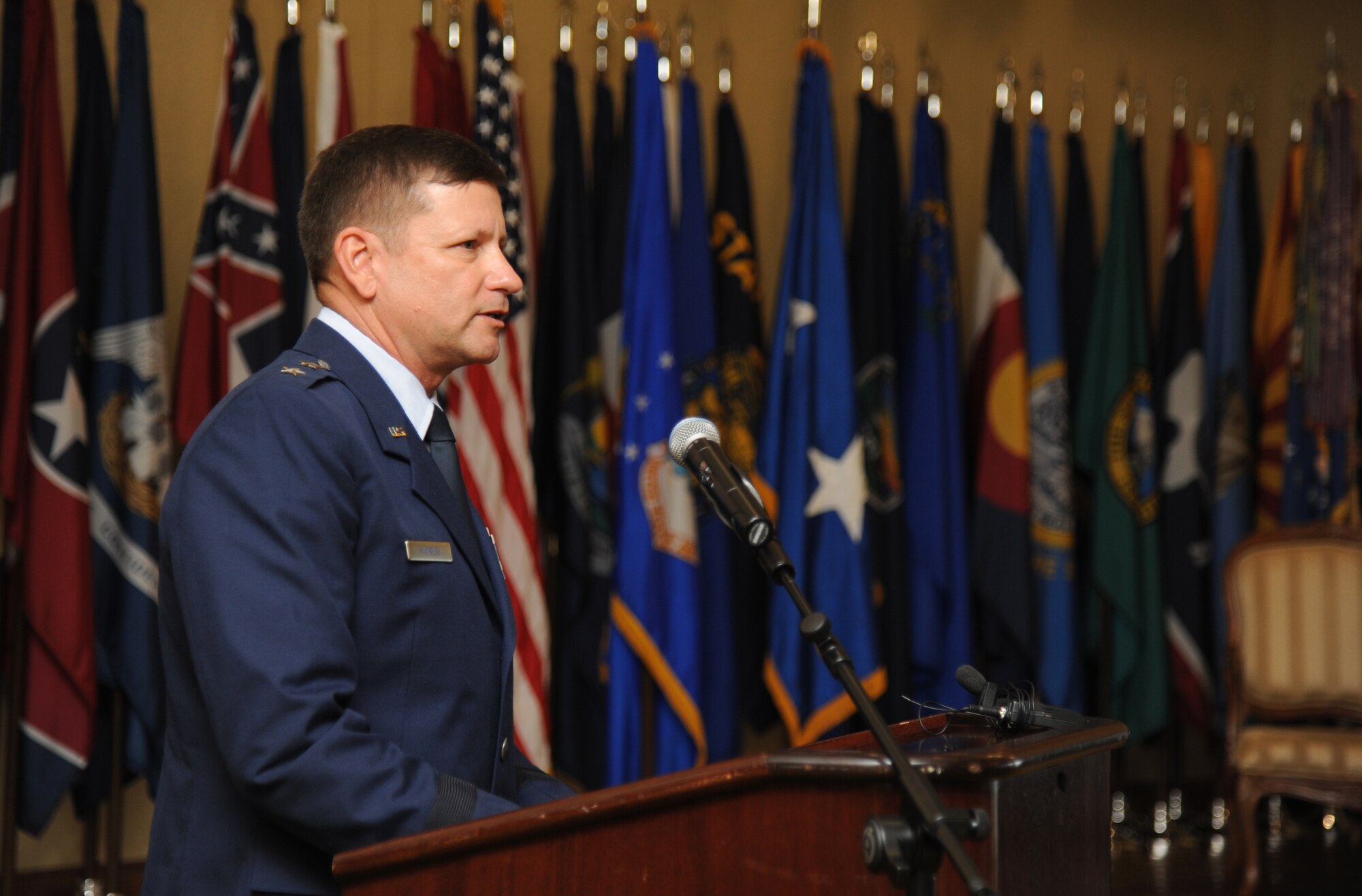Maj. Gen. Leonard Patrick, 2nd Air Force commander, delivers remarks during a change of command ceremony Aug. 23, 2013, at the Bay Breeze Event Center, Keesler Air Force Base, Miss. Brig. Gen. Brad Spacy, outgoing 81st TRW commander, passed command to Brig. Gen. Patrick Higby, incoming 81st TRW commander, with Patrick as the presiding officer.  Spacy has been selected for a new assignment as director for logistics, installations and mission support at Headquarters United States Air Forces in Europe, Ramstein Air Base, Germany.  (U.S. Air Force photo by Kemberly Groue)