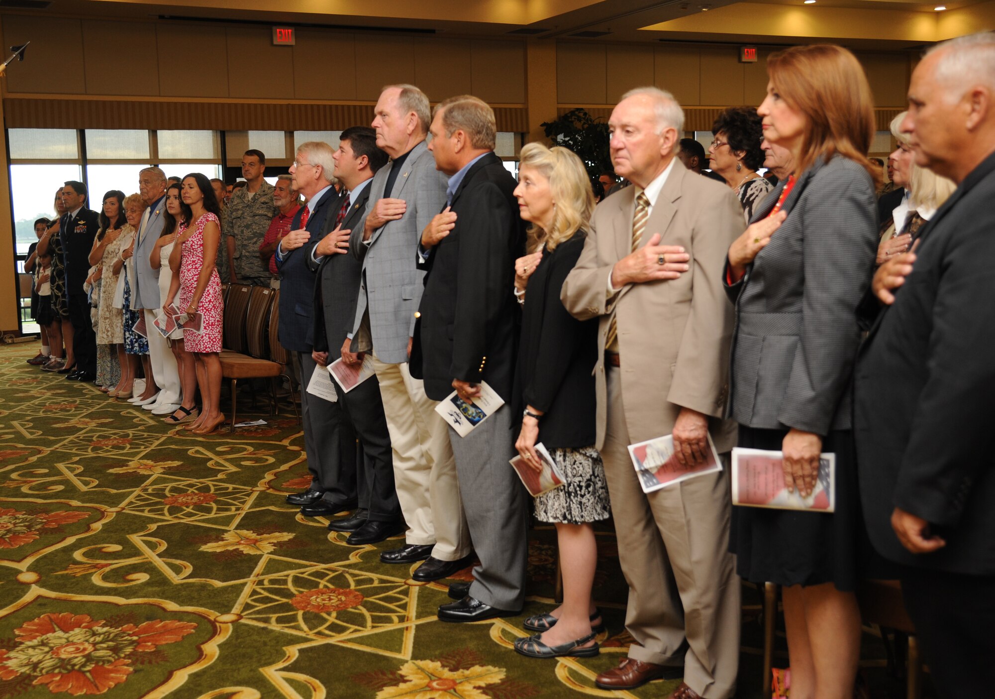More than 200 community leaders and military guests were in attendance during the 81st Training Wing change of command ceremony Aug. 23, 2013, at the Bay Breeze Event Center, Keesler Air Force Base, Miss.  Brig. Gen. Brad Spacy, outgoing 81st TRW commander, passed command to Brig. Gen. Patrick Higby, incoming 81st TRW commander, with Gen. Leonard Patrick, 2nd Air Force commander, as the presiding officer.  Spacy has been selected for a new assignment as director for logistics, installations and mission support at Headquarters United States Air Forces in Europe, Ramstein Air Base, Germany.  (U.S. Air Force photo by Kemberly Groue)