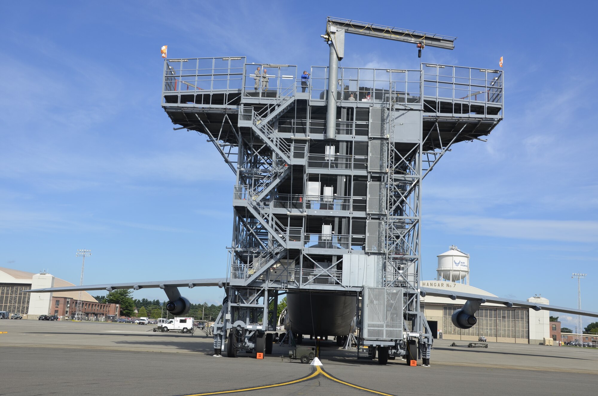 This six-story high T-tail stand, on the flight line at Westover, wraps around the tail of the C-5 Galaxy, the U.S. military's largest aircraft. (U.S. Air Force photo by Master Sgt. Andrew Biscoe)