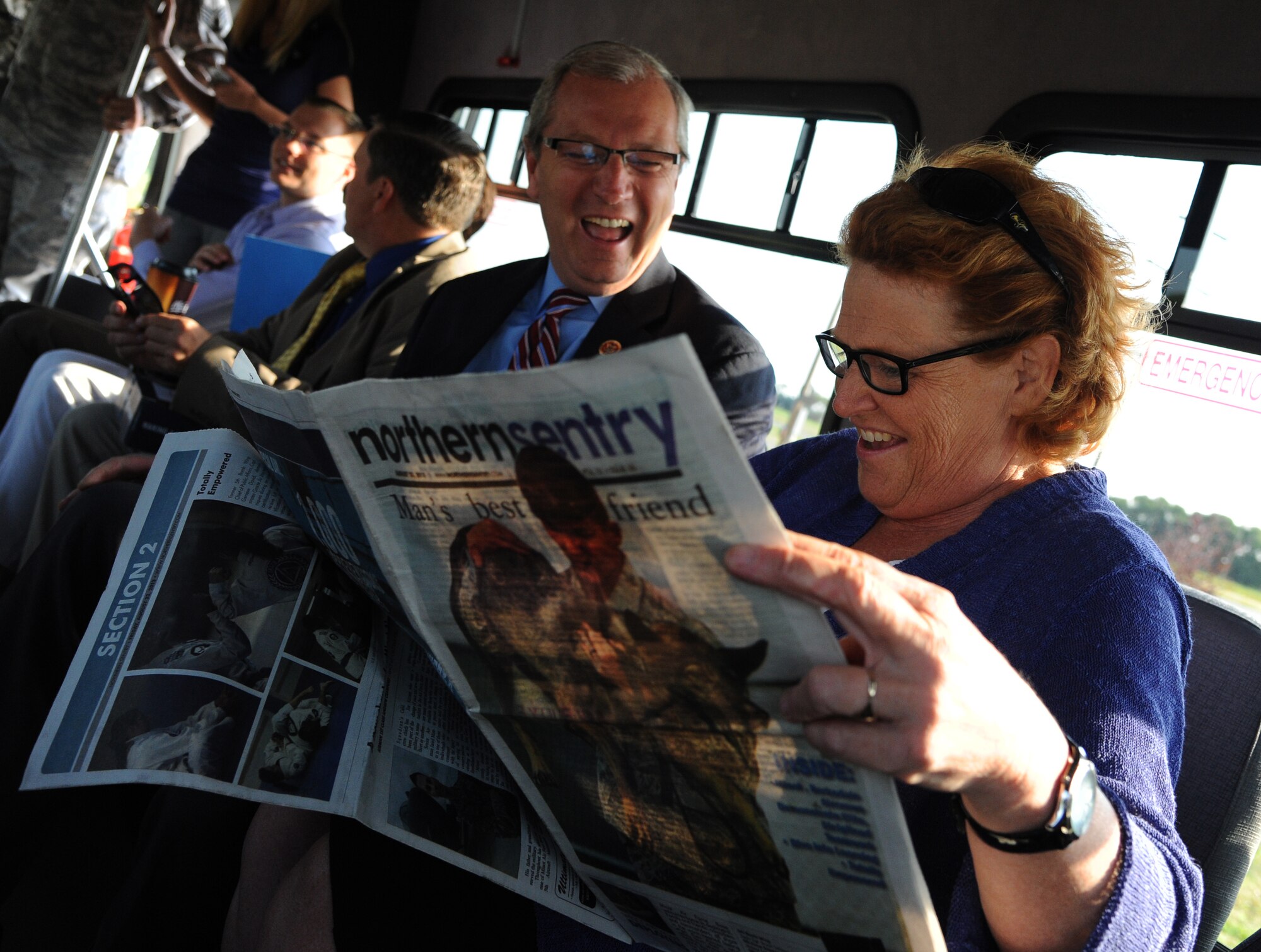 North Dakota U.S. Senator Heidi Heitkamp and Congressman Kevin Cramer read Minot Air Force Base’s publication, the Northern Sentry, during their visit Aug. 23, 2013. Heitkamp and Cramer attended a ribbon-cutting ceremony for the base’s grand opening of its new Air Traffic Control Tower and Base Operations Building. Both Heitkamp and Cramer spoke at the ceremony about the importance of updating military equipment and facilities. (U.S. Air Force photo/Airman 1st Class Andrew Crawford)
