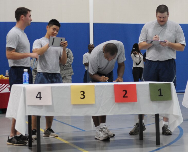 Airmen compete in a price guessing game for prizes after a 5K fun-run on Barksdale Air Force Base, La., Aug. 23, 2013. The Senior Airman Bryan Bell Fitness Center hosts a monthly 5K fun-run to promote fitness, health and well-fair to the Airmen along with a raffle and game portion for the attendees. (U.S. Air Force photo/Senior Airman Kristin High)

