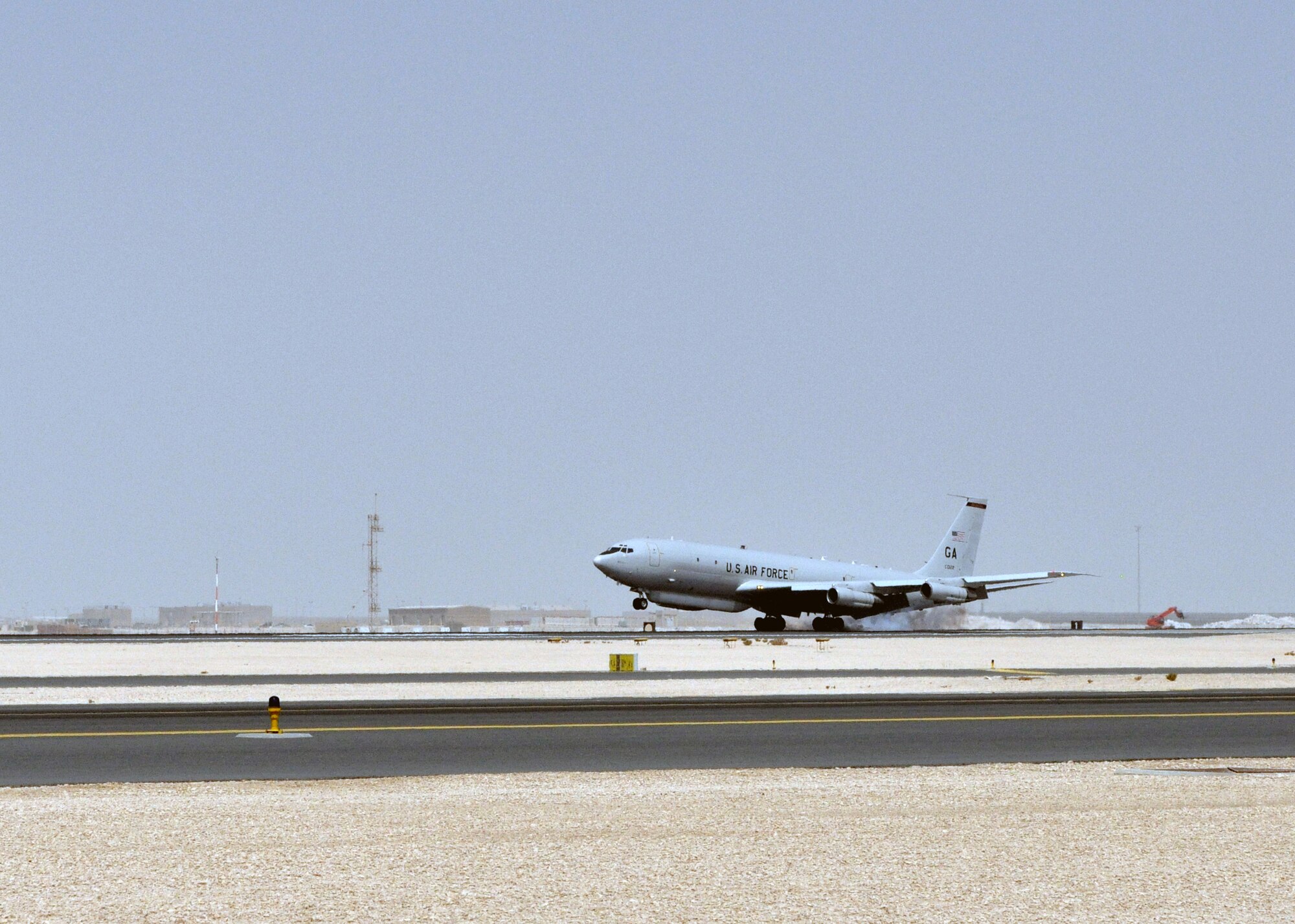 An E-8C Joint Surveillance Target Attack Radar System touches down on the 379th Air Expeditionary Wing’s runway in Southwest Asia after reaching 85,000 hours in the U.S. Central Command area of responsibility Aug. 17, 2013. The 7th Expeditionary Airborne Command and Control Squadron has flown the JSTARS an average of 19.4 hours each day since events following 9/11, or the equivalent of being airborne continuously for almost 10 years. (U.S. Air Force photo/1st Lt. Susan Harrington)