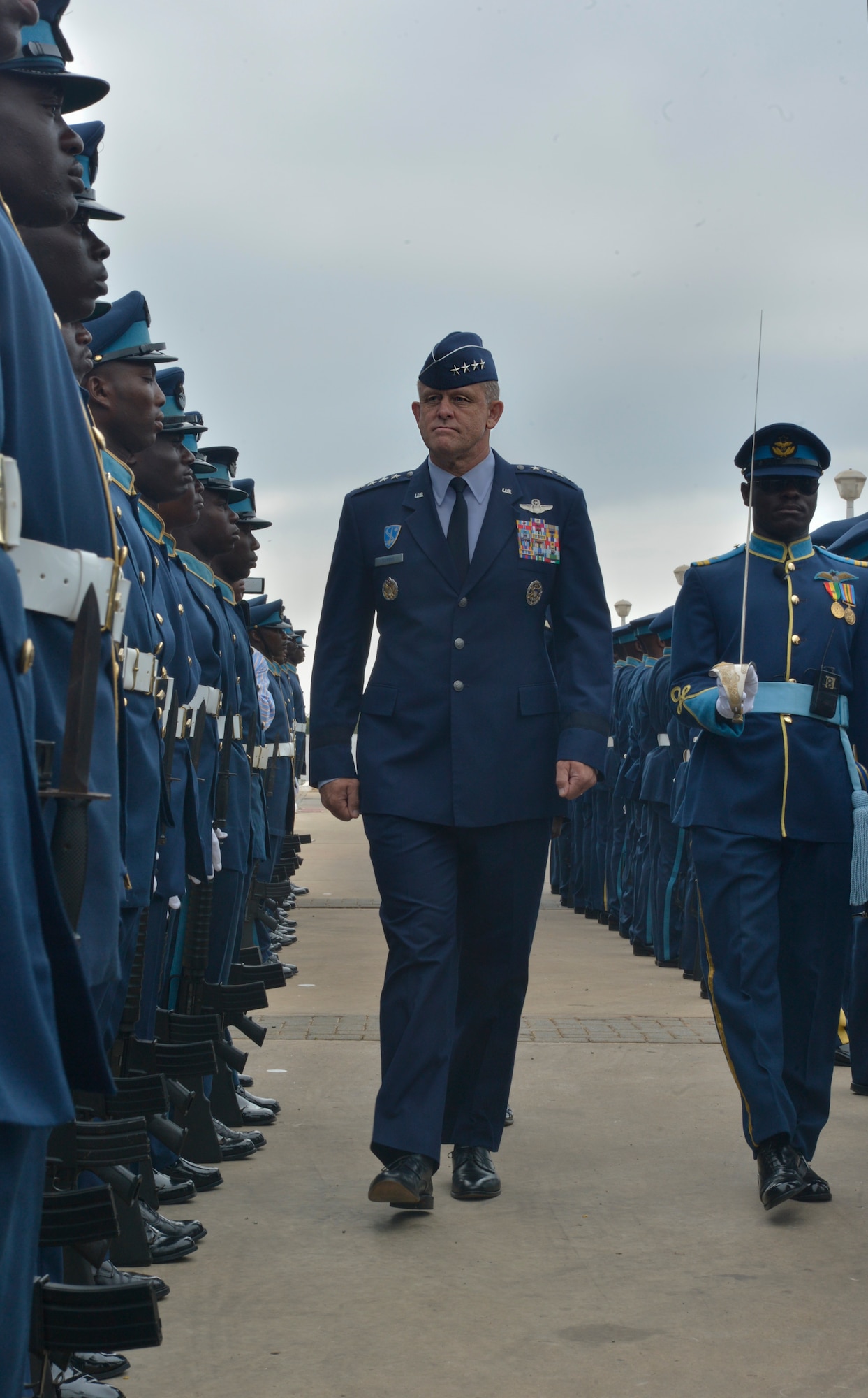 Gen. Frank Gorenc, U.S. Air Forces in Europe and Air Forces Africa commander, 
reviews the Ghanaian air force guard of honor, Aug. 20, 2013, Accra, Ghana. 
The Ghanaian air force opened the 2013 Regional Air Chiefs Symposium with a 
traditional troop guard ceremony to honor the senior ranking officer in 
attendance. (U.S. Air Force photo by Airman 1st Class Jordan 
Castelan/Released)