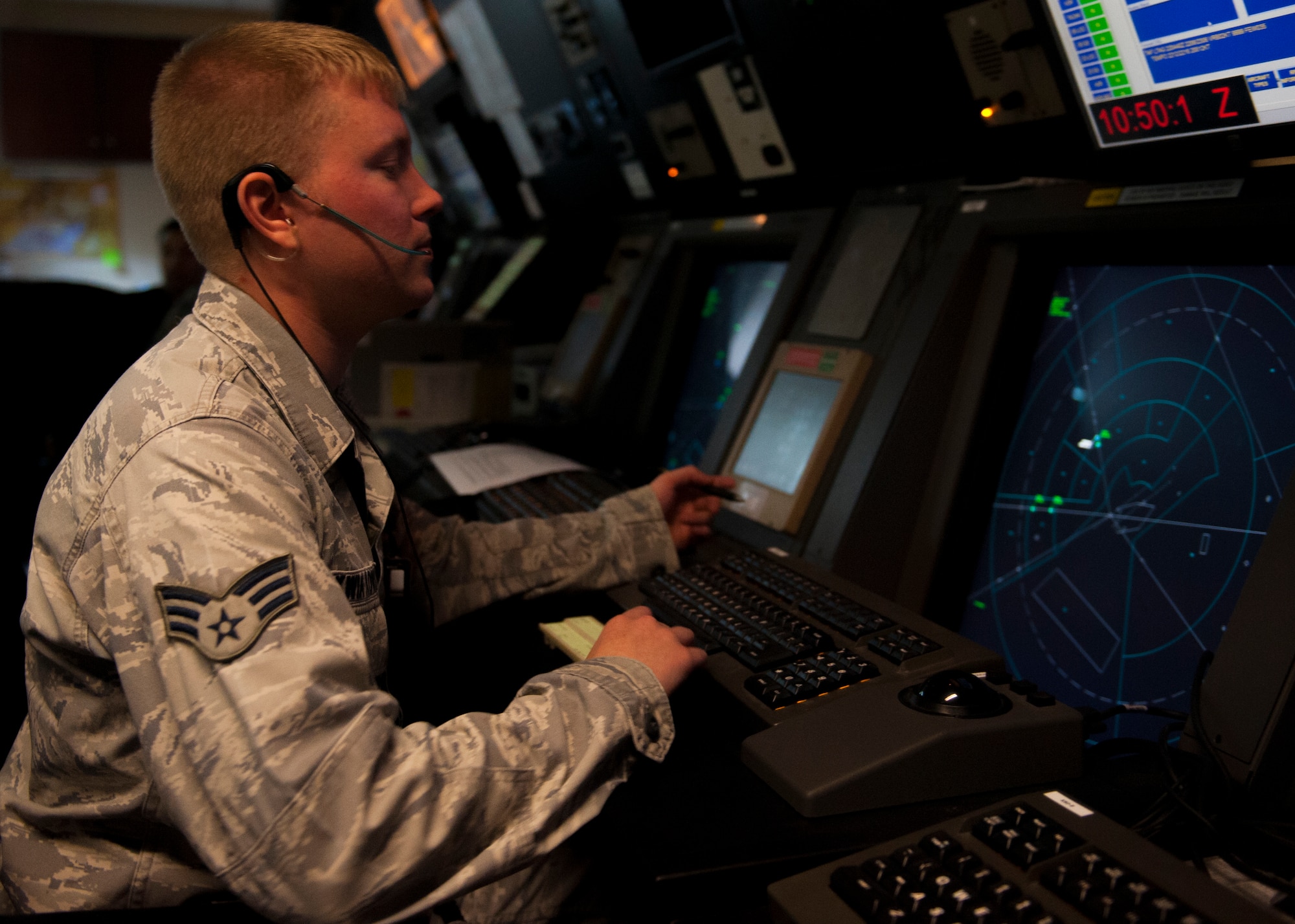 Senior Airman Corey Kwiatkowski, 39th Operations Squadron air traffic controller, attempts a challenging training scenario using a Standard Terminal Automation Replacement System at Incirlik Air Base, Turkey on Aug. 2, 2013. STARS can predict an aircraft’s location, suggest headings or provide information to help guide an aircraft to intercept and join up with other aircraft. (U.S. Air Force photo by Senior Airman Chase Hedrick/Released)