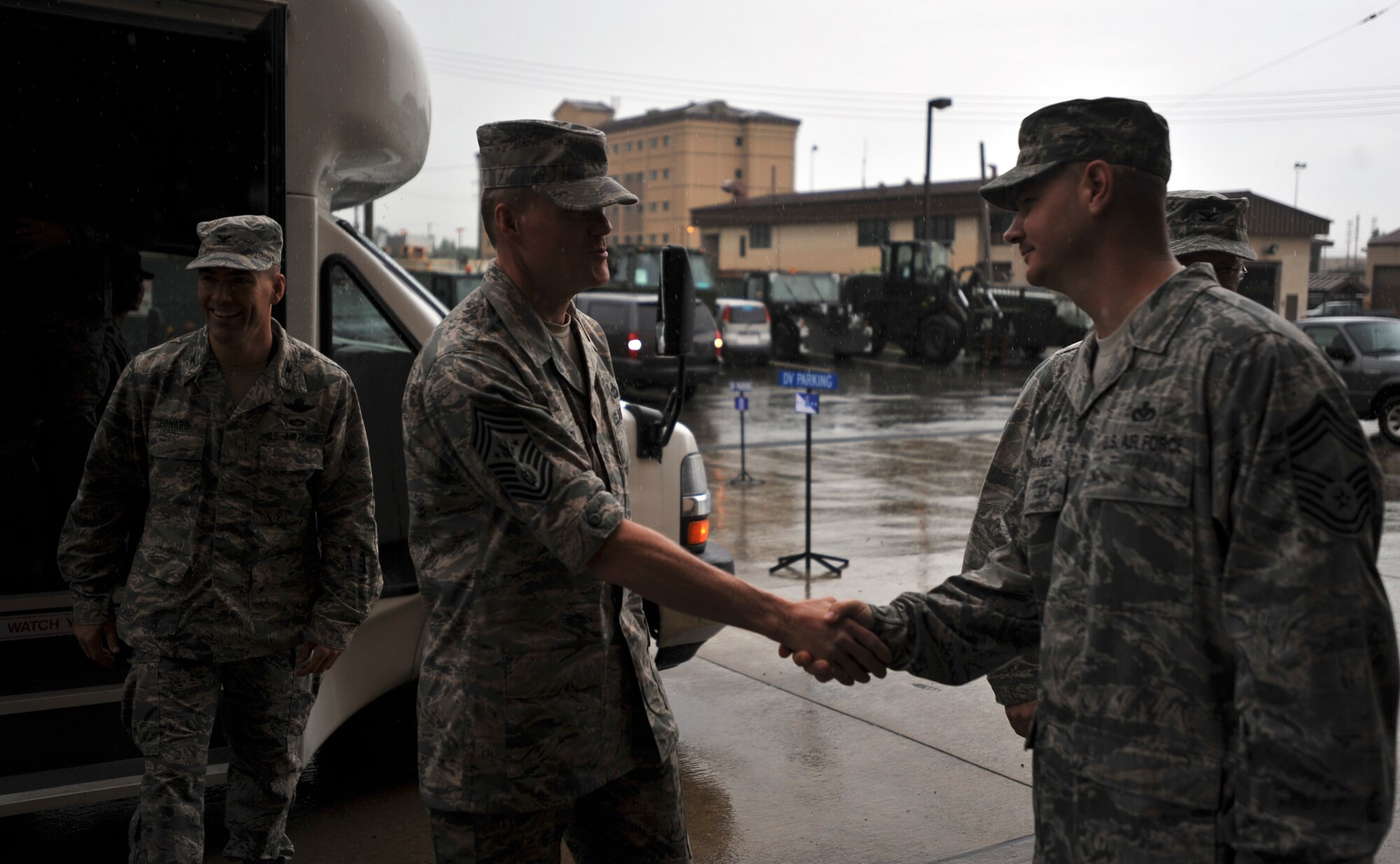 Chief Master Sgt. of the Air Force James A. Cody greets Chief Master Sgt. Derrick Grames, 51st Mission Support Group superintendent, during his visit to the 51st MSG at Osan Air Base, Republic of Korea, Aug. 23, 2013. Cody and Air Force Chief of Staff Gen. Mark A. Welsh III visited the base to discuss Air Force priorities and to see Team Osan’s mission firsthand. (U.S. Air Force photo/Senior Airman Siuta B. Ika)