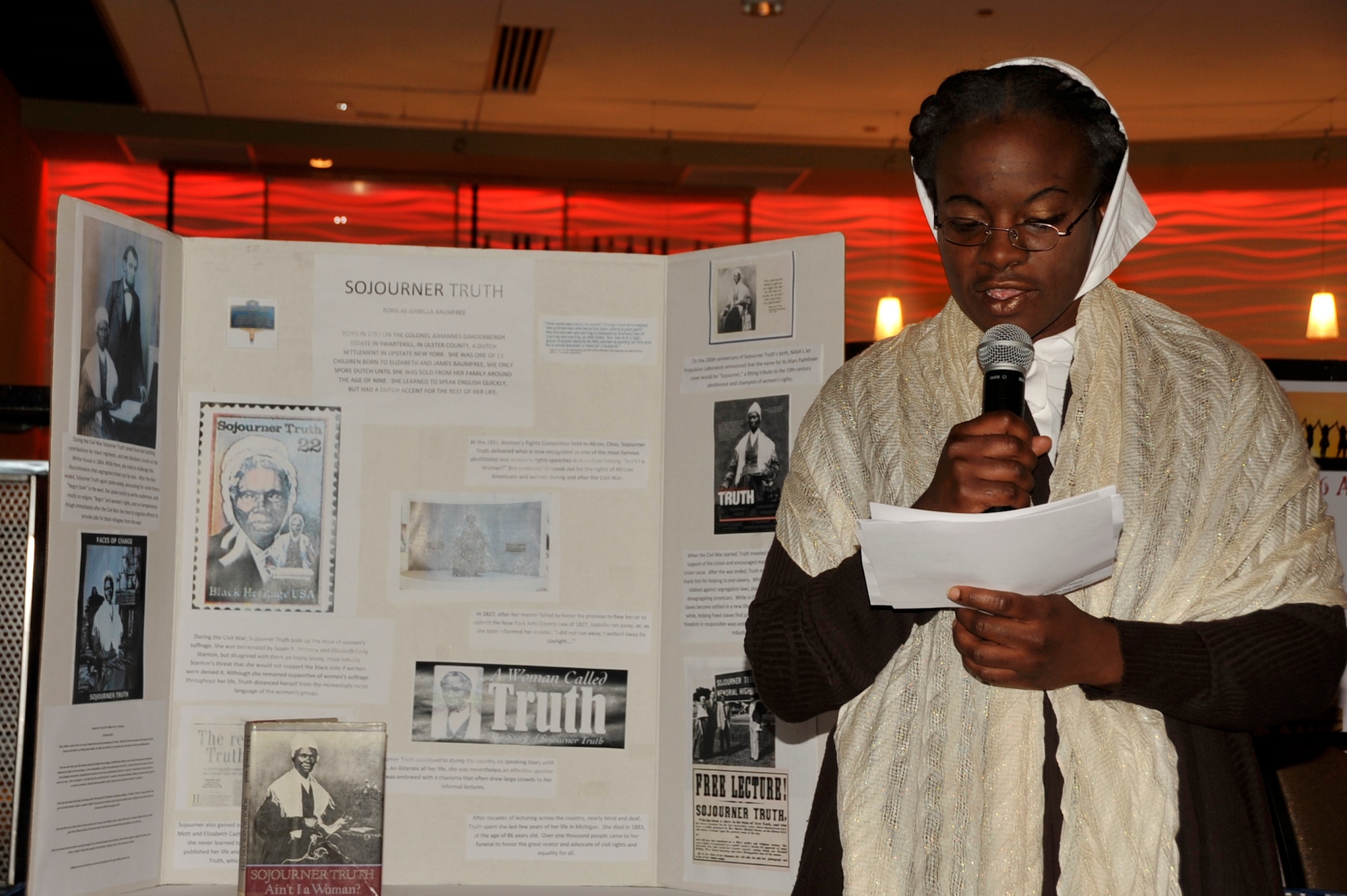 Air Force Staff Sgt. Ashley Spencer portrays civil and women’s rights activist Sojourner Truth at a Women’s Equality Day Event, Osan Air Base, Republic of Korea, Aug. 23, 2013.  The event commemorates the day women in America were given full voting rights under the U.S. Constitution by the passage of the 19th Amendment.  (U.S. Air Force Photo/Tech. Sgt. Micky M. Bazaldua)