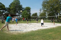 Marines from U. S. Marine Corps Forces Command play a game of volleyball at the Marine Corps Community Services Ooh-Rah Summer Bash at Slade Cutter Park, Camp Allen, Aug. 23. The summer bash is hosted by MCCS and is an annual event for the Marines and their families of MARFORCOM.