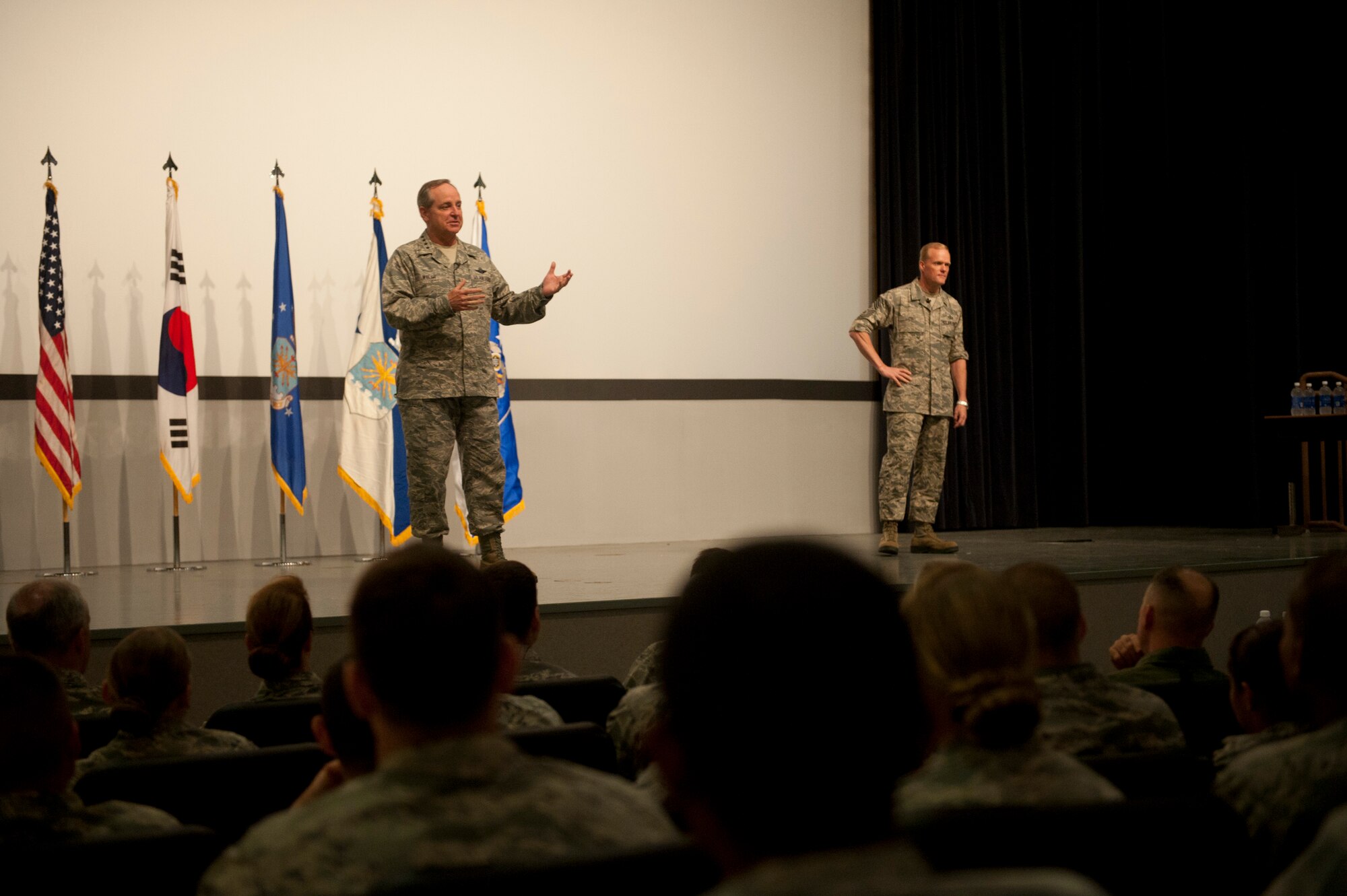KUNSAN AIR BASE, Republic of Korea -- Air Force Chief of Staff Gen. Mark A. Welsh III and Chief Master Sgt. of the Air Force James A. Cody speak during an Airman’s call Aug. 24, 2013. Welsh and Cody visited Kunsan as part of a two-week tour to thank Pacific Air Forces Airmen and families for their continued service and dedication, and to discuss challenges and opportunities in the region. (U.S. Air Force photo by Senior Airman Clayton Lenhardt/Released)