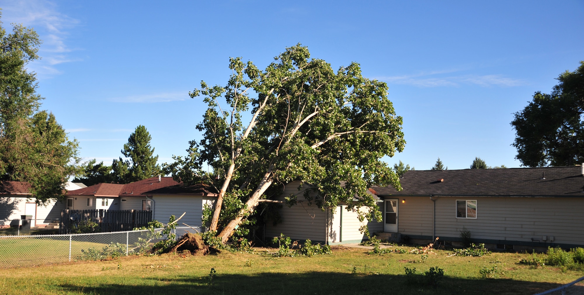 A tree fell on two homes in Ft. Wright Village at Fairchild Air Force Base, Wash., following a severe storm Aug. 26.  The base is asking for help in policing the area and placing debris in a central location where crews can haul it away. (U.S. Air Force photo by Staff Sgt. Michael Means/Released)