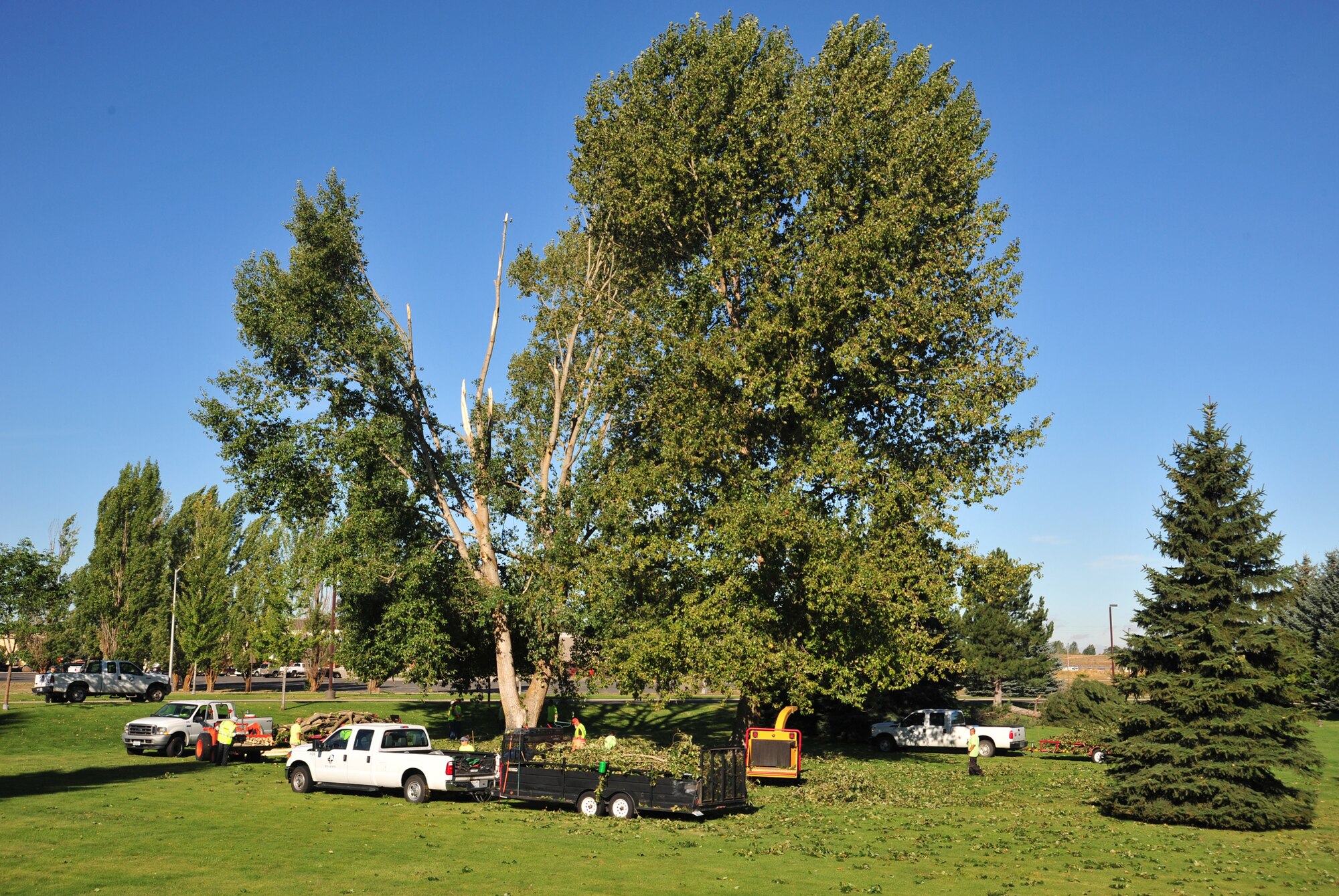 Skilskin crews start removing leaves, small branches and brush after a severe storm at Fairchild Air Force Base, Wash., Aug. 26. The thunderstorm generated a microburst leading to 65 mph winds causing considerable damage. (U.S. Air Force photo by Staff Sgt. Michael Means/Released)