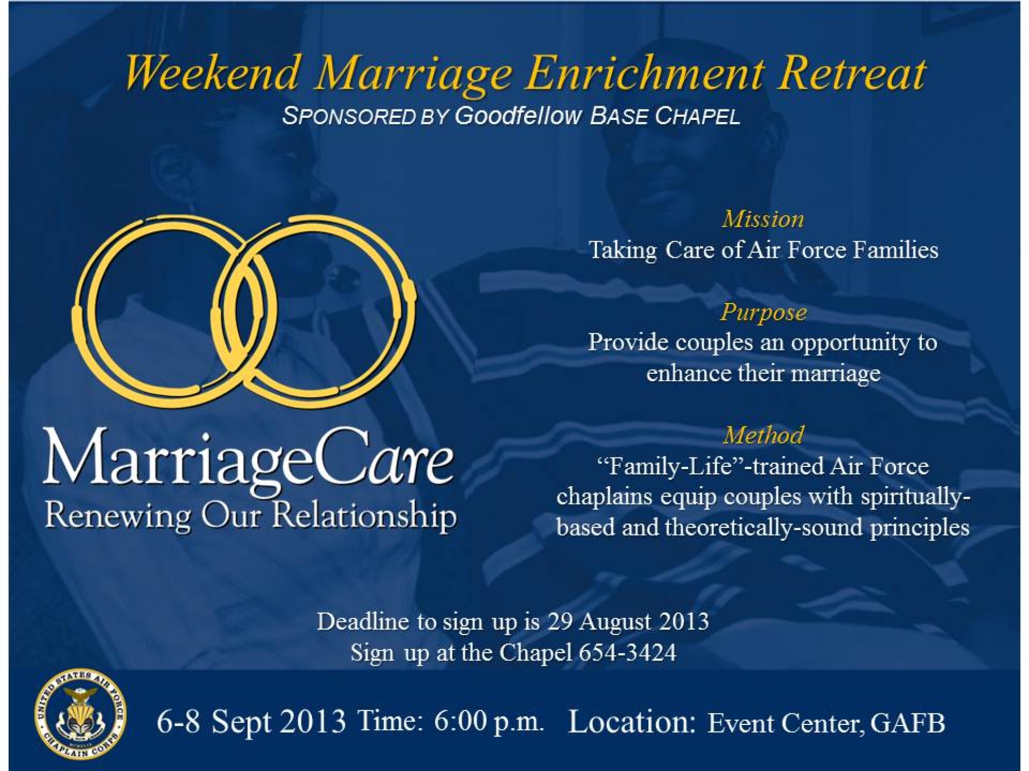 The Taylor Chapel is hosting a free weekend marriage enrichment retreat for permanent party only Sept. 6-8 at the Event Center. (Courtesy graphic)