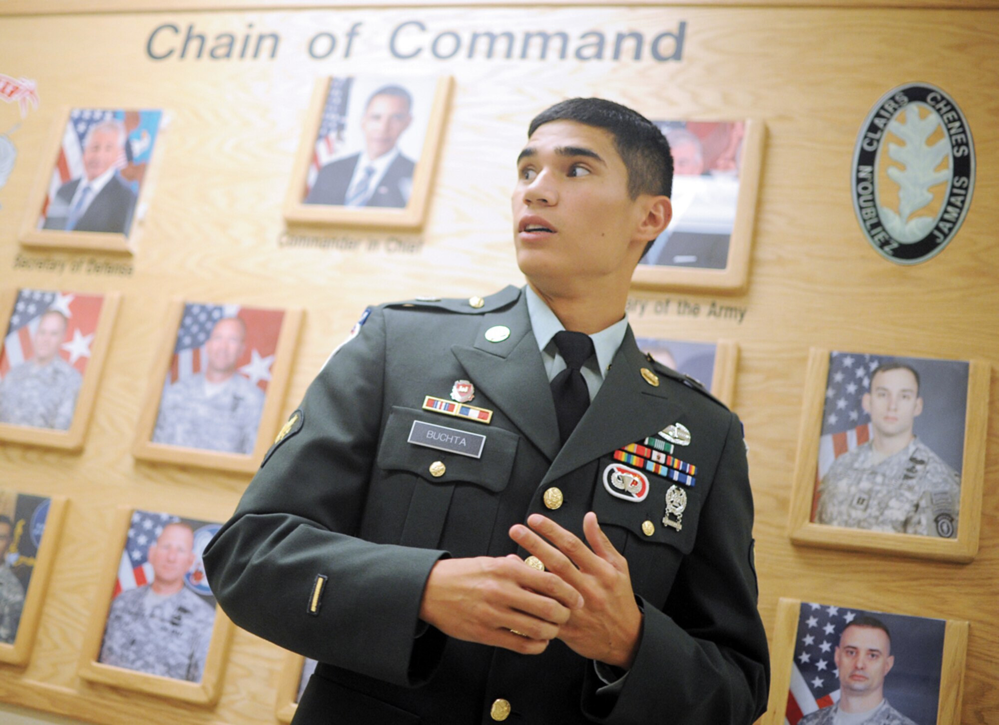 JOINT BASE ELMENDORF-RICHARDSON, Alaska -- Spc. Steve Buchta, assigned to 6th Engineer Battalion (Combat) (Airborne) compete, shows his nervousness prior to appearing before a board during the unit's Best Soldier Competition, Thursday, Aug. 15, 2013. Competition events include a written test, a non-standard PT test, land navigation, weapons proficiency, a road march, drill and ceremony, common tasks testing, urban orienteering, rappelling, an obstacle course and appearing before a board of senior noncommissioned officers.  (U.S. Air Force photo/Justin Connaher)