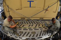 SSgt. Steven Frost and SrA. Peter Alicea-Correa, 42nd Aerial Port Squadron, tie down the 439th Airlift Control Flight's Hard-sided Expandable Lightweight Air Mobility Shelter (HELAMS) in a C-17 aircraft on August 25, 2013. The ALCF is responsible for the training of Air Force and sister service units on how to move by air. They instruct over 400 units in preparing and loading their mobility equipment for air shipment. (U.S. Air Force photo/SrA. Kelly Galloway)