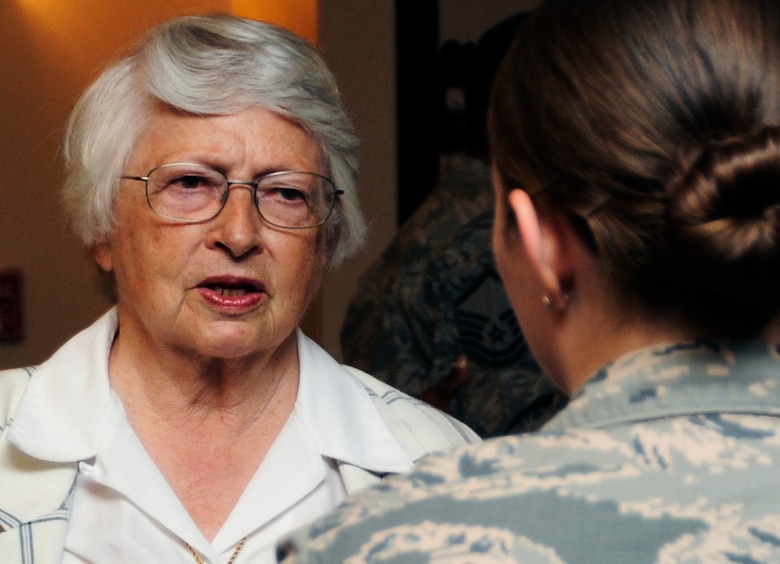 Retired Brig. Gen. Wilma L. Vaught, Women in Military Service for America president, speaks with an Airman after her speech in honor of Woman’s Equality Day at Joint Base Andrews, Md., Aug. 23, 2013. The Women’s Memorial in Arlington National Cemetery is the nation’s only major national memorial honoring all women who have defended America throughout history. (U.S Air Force photo/Airman 1st Class Nesha Humes)