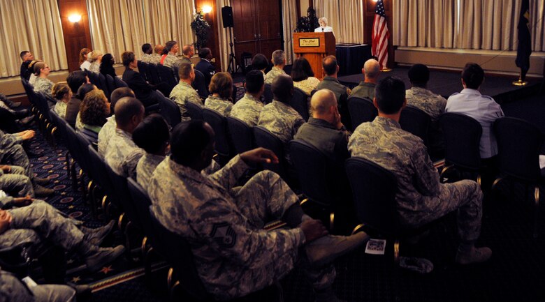 Retired Brig. Gen. Wilma L. Vaught, Women in Military Service for America president, speaks in honor of Woman’s Equality Day at Joint Base Andrews, Md., Aug. 23, 2013. Vaught served for more than 28 years and is one of the most highly decorated women in U.S. Air Force History. (U.S Air Force photo/Airman 1st Class Nesha Humes) 