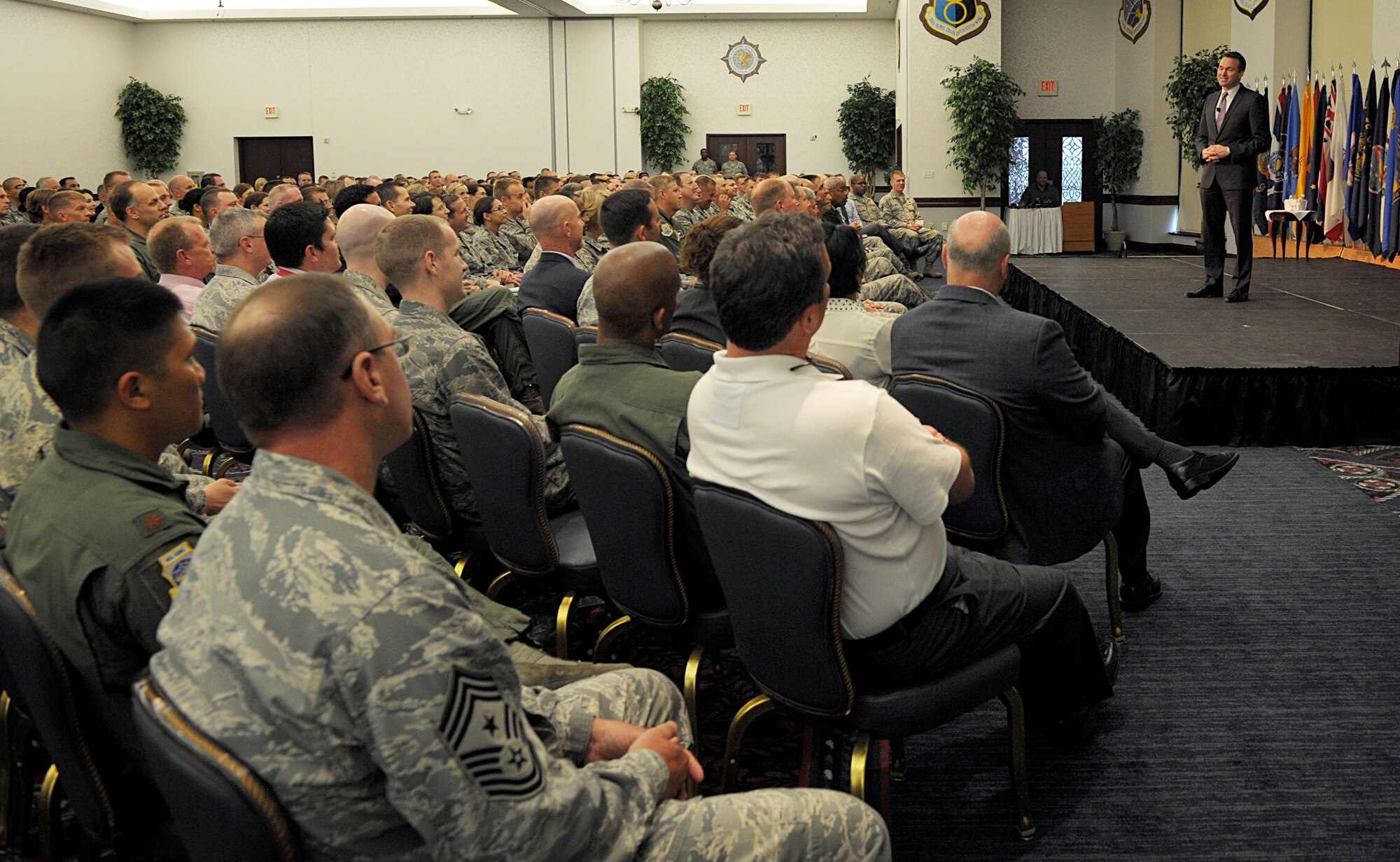 Acting Secretary of the Air Force Eric Fanning met with members of Team Scott to discuss the future of the Air Force during an all call Aug. 22, 2013, at Scott Air Force Base, Ill.  He also briefed current budget concerns facing the military and spoke to issues of sexual assault and harassment in the military. (U.S. Air Force photo/Senior Airman Tristin English)