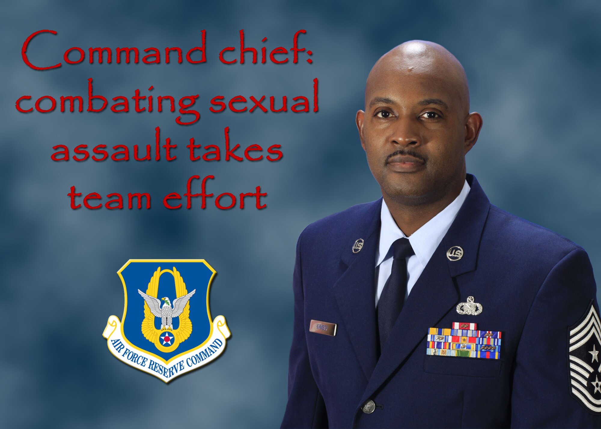 Chief Master Sgt. Cameron B. Kirksey speaks about sexual assault prevention to more than 240 Airmen Aug. 22, 2013, at the Museum of Aviation in Warner Robins, Ga., during his first enlisted call since becoming command chief of the Air Force Reserve Command two months earlier. (U.S. Air Force Reserve Graphic Illustration by Michael Dukes)