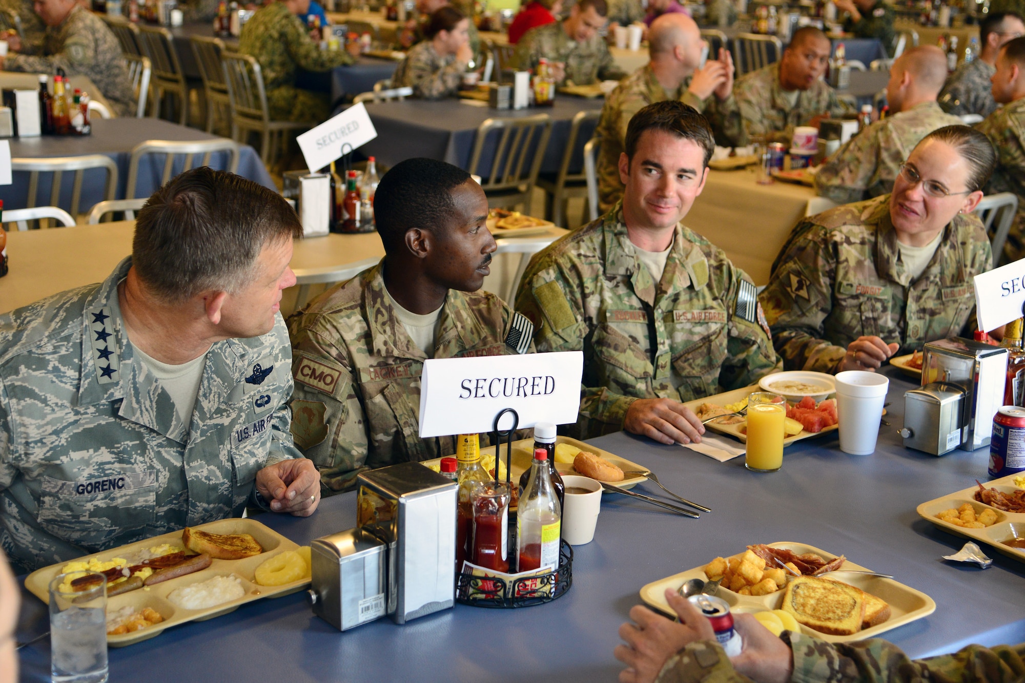 U.S. Air Force Gen. Frank Gorenc, U.S. Air Forces in Europe and Air Forces Africa commander, visits Airmen from the 449th Air Expeditionary Group during a recent trip to Camp Lemonnier, Djibouti, Aug. 23, 2013. This was Gorenc ‘s first trip to Africa since taking command of USAFE/AFAFRICA and he used the trip to familiarize himself with Combined Joint Task Force-Horn of Africa’s mission of stabilizing and strengthening security in East Africa through military-to-military engagements with partner nations. (U.S. Air Force photo by Tech. Sgt. Chad Thompson)