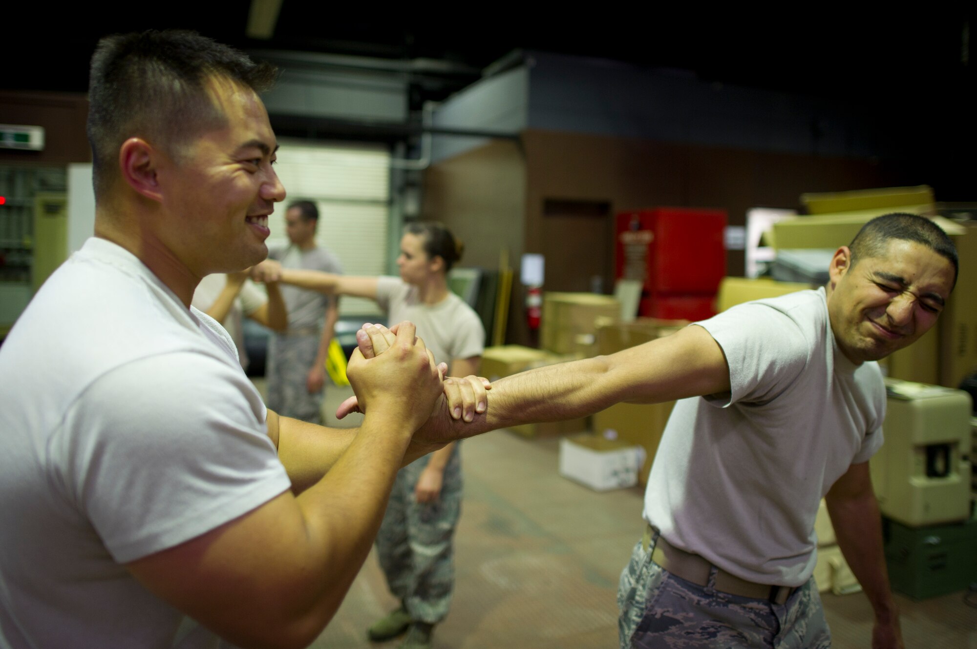 YOKOTA AIR BASE, Japan -- Tech Sgt. Dale Dominquez and Staff Sgt. Joshua Villa, 374th Security Forces Squadron, performs a submission hold, based on pressure point control and physical apprehension restraint techniques, during Fly-away security training at Yokota Air Base, Japan, Aug. 19-23, 2013. Students received hands-on practical training in subjects such as self-defense and anti-hijacking training. Fly-away security team members, who are embedded in an aircrew, travel with any Yokota aircraft that travels into potentially dangerous areas of the Pacific Region to protect the aircraft and aircrew from potential threats. (U.S. Air Force photo by Staff Sgt Stacy Moless)