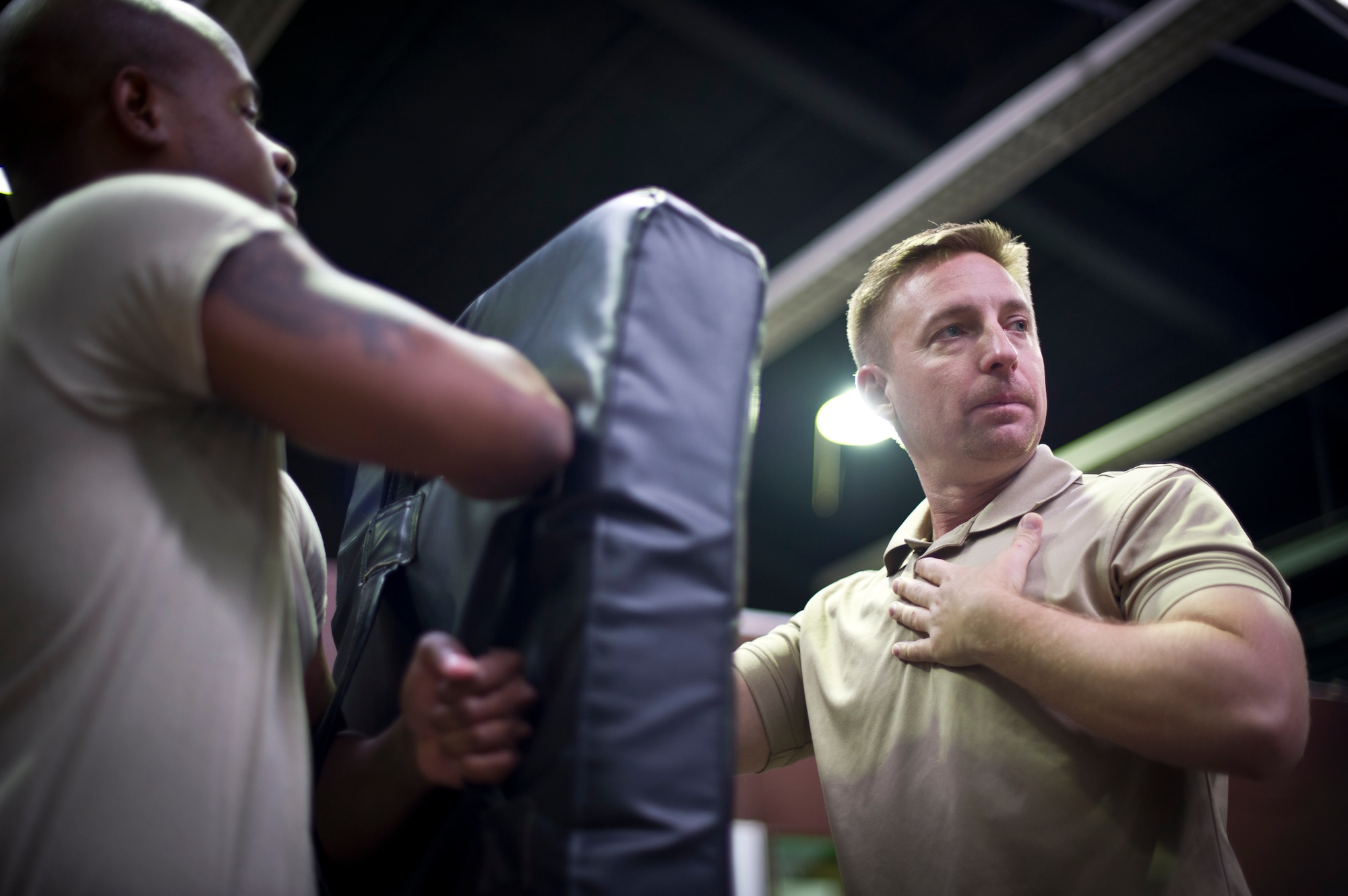 YOKOTA AIR BASE, Japan-- Rodney Webber, an analyst with Analytic Services, teaches combative during Fly-away security training at Yokota Air Base, Japan, Aug. 19-23, 2013. Students received hands-on practical training in subjects such as self-defense and anti-hijacking training in hand-on training. Fly-away security team members, who are embedded in an aircrew, travel with any Yokota aircraft that travels into potentially dangerous areas of the Pacific Region to protect the aircraft and aircrew from potential threats. (U.S. Air Force photo by Staff Sgt Stacy Moless)