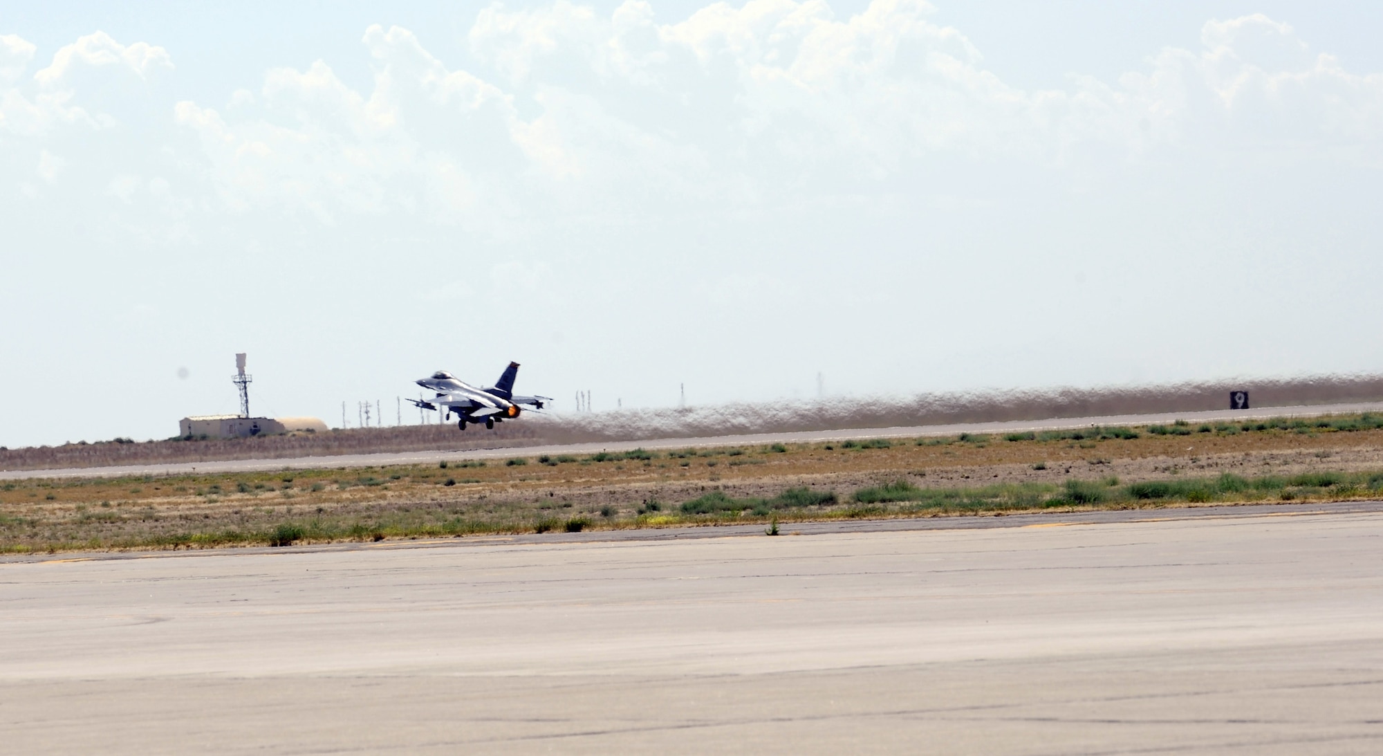 An F-16 Fighting Falcon from the 152nd Fighter Squadron takes off Aug. 22, 2013, at Mountain Home Air Force Base, Idaho. The 152nd FS is part of the 162nd Fighter Wing, Arizona Air National Guard, located at Tucson International Airport.