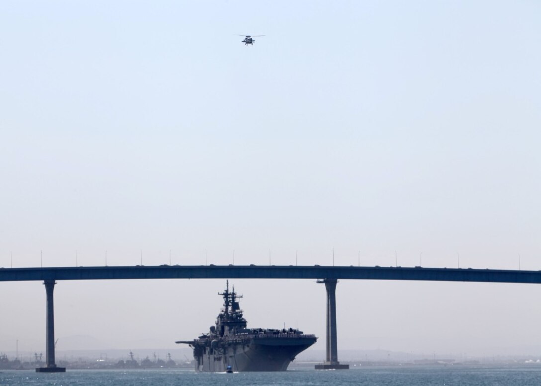 More than 2,400 Marines and sailors with the 13th Marine Expeditionary Unit depart for deployment with the Boxer Amphibious Ready Group at San Diego, Aug. 23.