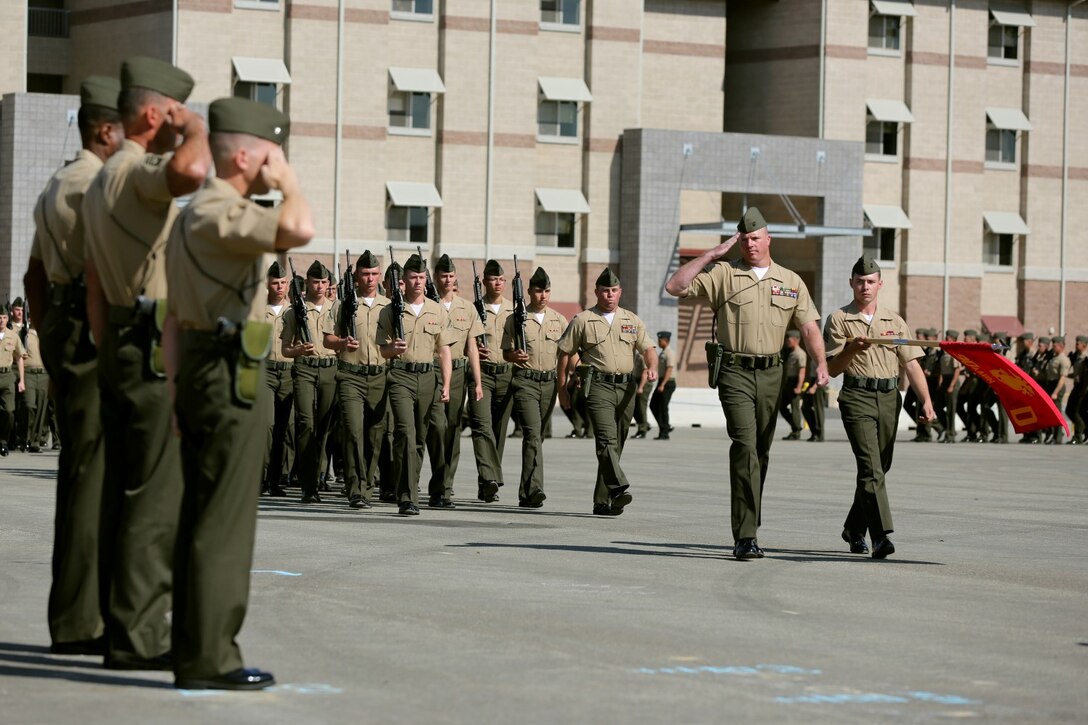 MARINE CORPS BASE CAMP PENDLETON, Calif. – Marines serving with 3rd Assault Amphibian Battalion salute during the pass and review portion of a relief and appointment ceremony where Sgt. Maj. Michael P. Woods took over as the battalion sergeant major here, Aug. 23, 2013. Relief and appointment ceremonies are one of the many traditions upheld in the Marine Corps today, which involves the passing of the noncommissioned officer sword from the outgoing sergeant major to the oncoming. The passing of the sword signifies the transfer of responsibility and entails the transfer of total accountability and authority, from one senior enlisted Marine to another. The sword thus continues as the personification of military tradition and is entrusted to those most responsible for maintaining it.