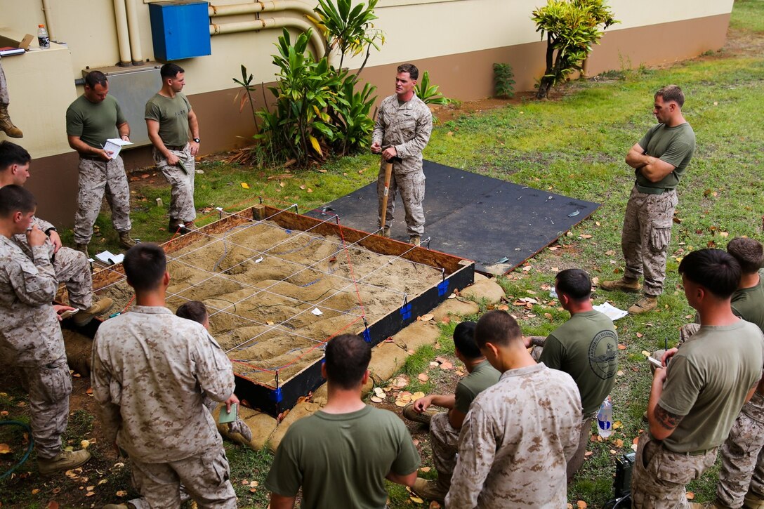 Marines serving with Alpha Company, 1st Reconnaissance Battalion, conduct a mission brief before inserting during a mission rehearsal exercise here, Aug. 13, 2013. The Marines spent several days traversing foreign terrain while locating and gathering intelligence on possible enemy combatants in the area. Several role-players were used to make the exercise as realistic as possible. After gathering enough information on the enemy, the Marines conducted a raid on the enemy base.