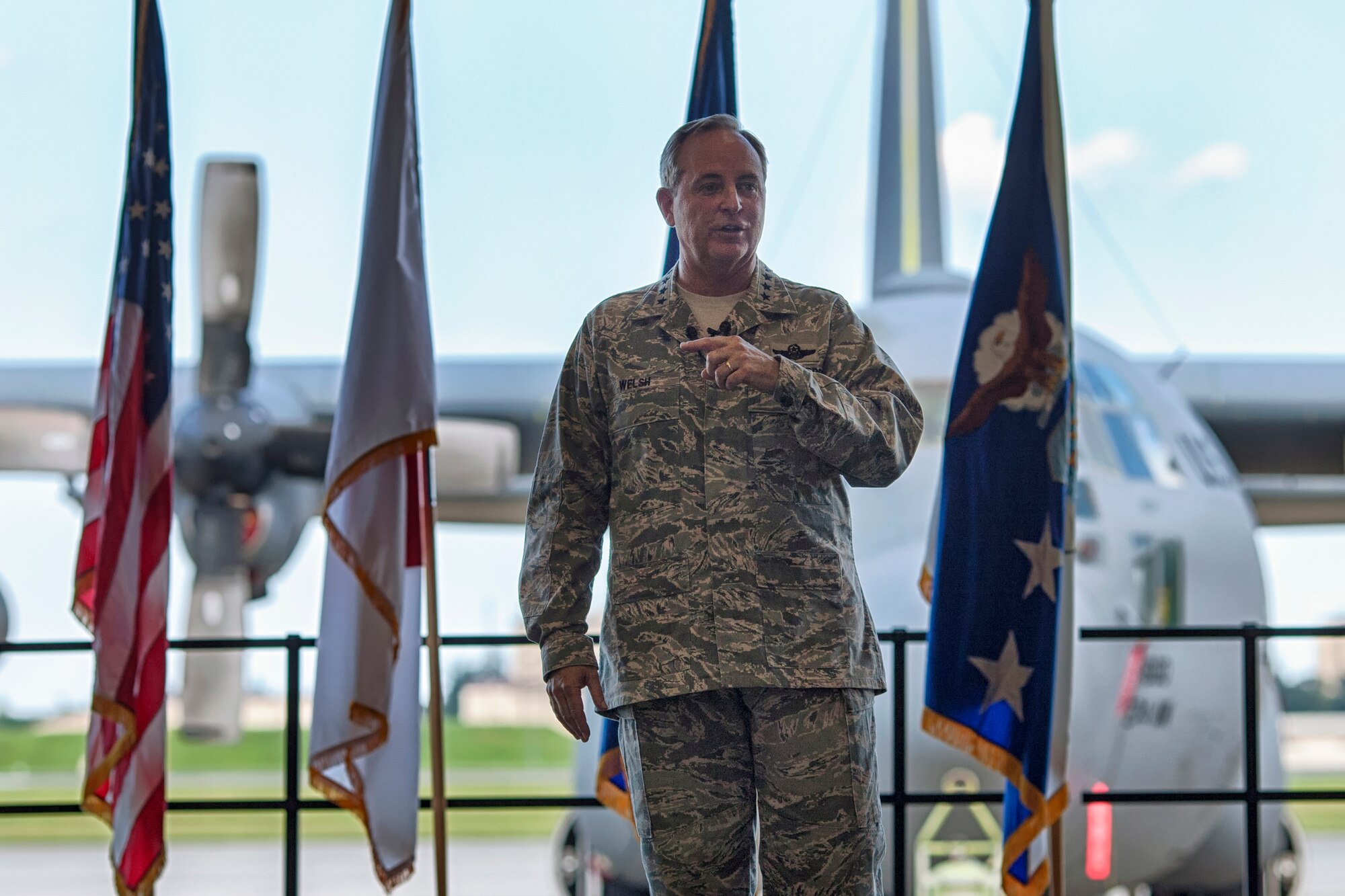 YOKOTA AIR BASE, Japan -- Air Force Chief of Staff Gen. Mark A. Welsh III addresses Airmen at Yokota Air Base, Japan, Aug. 27, 2013. As part of his first visit to the region as Air Force chief of staff, Welsh met with Airmen to thank them for their service and to discuss current Air Force challenges and opportunities in the Pacific region. (U.S. Air Force photo by Osakabe Yasuo)