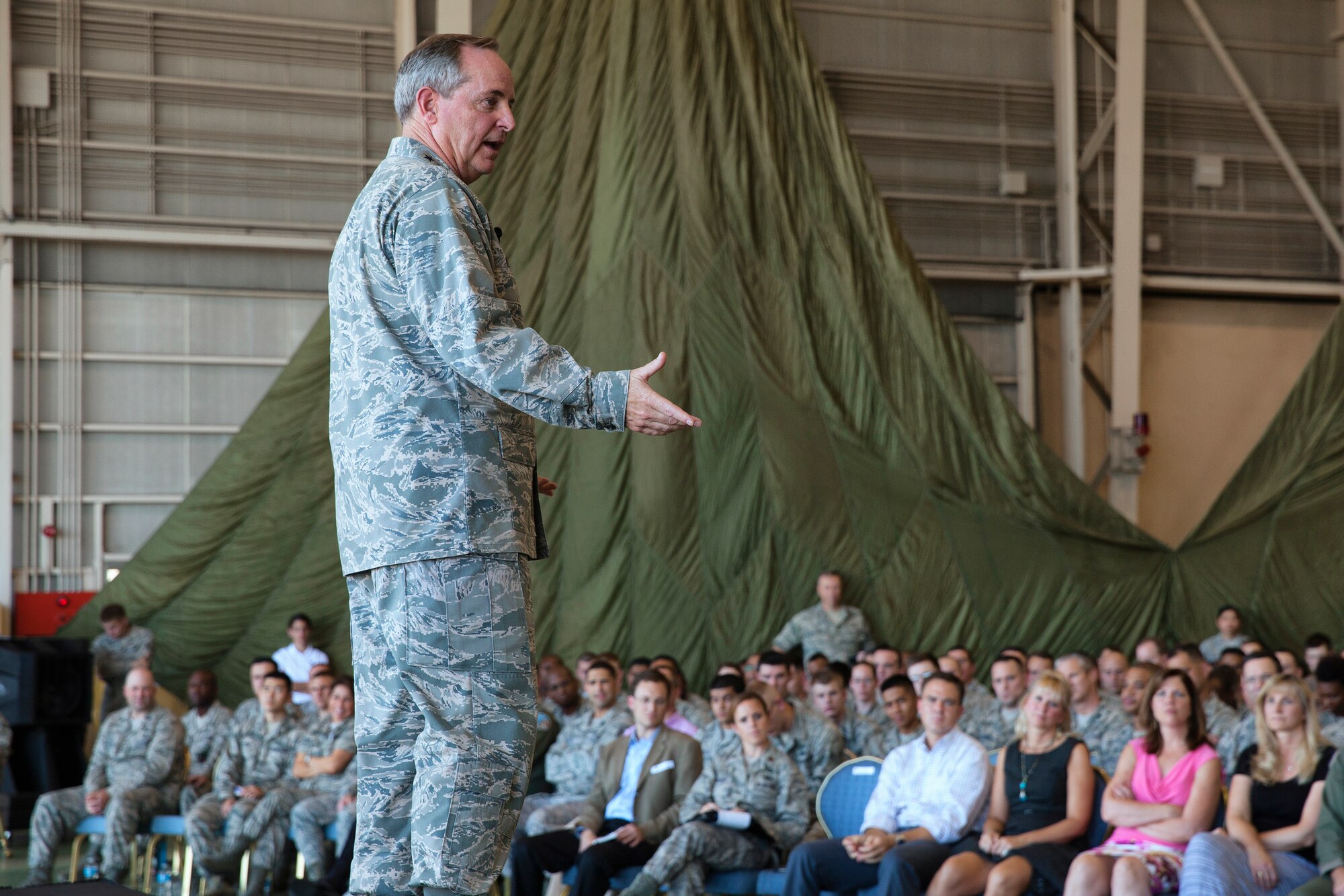YOKOTA AIR BASE, Japan -- Air Force Chief of Staff Gen. Mark A. Welsh III addresses Airmen at Yokota Air Base, Japan, Aug. 27, 2013. As part of his first visit to the region as Air Force chief of staff, Welsh met with Airmen to thank them for their service but also to discuss current Air Force challenges and opportunities in the Pacific region . (U.S. Air Force photo by Osakabe Yasuo)