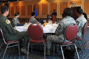 Julie Williams-Byrd speaks during the Women’s Equality Day Luncheon at Langley Air Force Base, Va., Aug. 26, 2013. Williams-Byrd, a former member of the Langley Federal Women’s Program Committee, is an advocate of young women and their careers. (U.S. Air Force photo by Senior Airman Brittany Paerschke-O’Brien/Released)