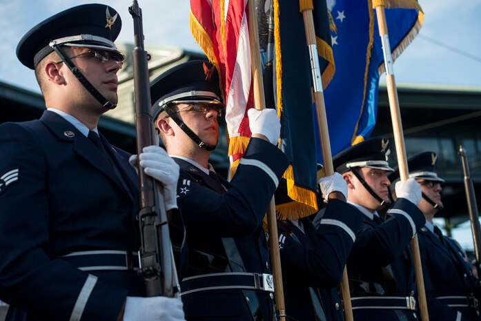 The U.S. Air Force Honor Guard from Joint Base Charleston posts the colors for Military Appreciation night at the Charleston River Dogs game Aug. 21, 2013, at the Joesph P. Riley Jr. park in Charleston, S.C.  (U.S. Air Force photo/Tech. Sgt. Rasheen Douglas)

