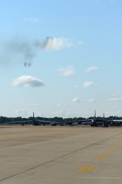 Two B-52H Stratofortress bombers fly over Barksdale Air Force Base, La., Aug. 26, 2013. The aircraft departed Barksdale to support the continuous bomber presence in the Pacific region. Air Force Global Strike Command's deployment of bombers to Anderson AFB, Guam, not only showcases the commands ability to conduct its mission, but it also exemplifies commitment to providing global vigilance, reach and power. (U.S. Air Force photo/Senior Airman Micaiah Anthony)