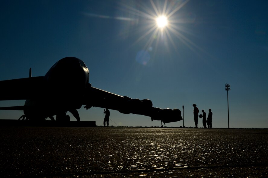 Airmen from the 2nd Aircraft Maintenance Squadron prepare to launch a B-52H Stratofotress on Barksdale Air Force Base, La., Aug. 26, 2013. Aircrew and their crew chiefs deployed to Anderson AFB, Guam, to support the continuous bomber presence in the Pacific. The crew chiefs deployed to provide maintenance support for the B-52. (U.S. Air Force photo/Senior Airman Micaiah Anthony)
