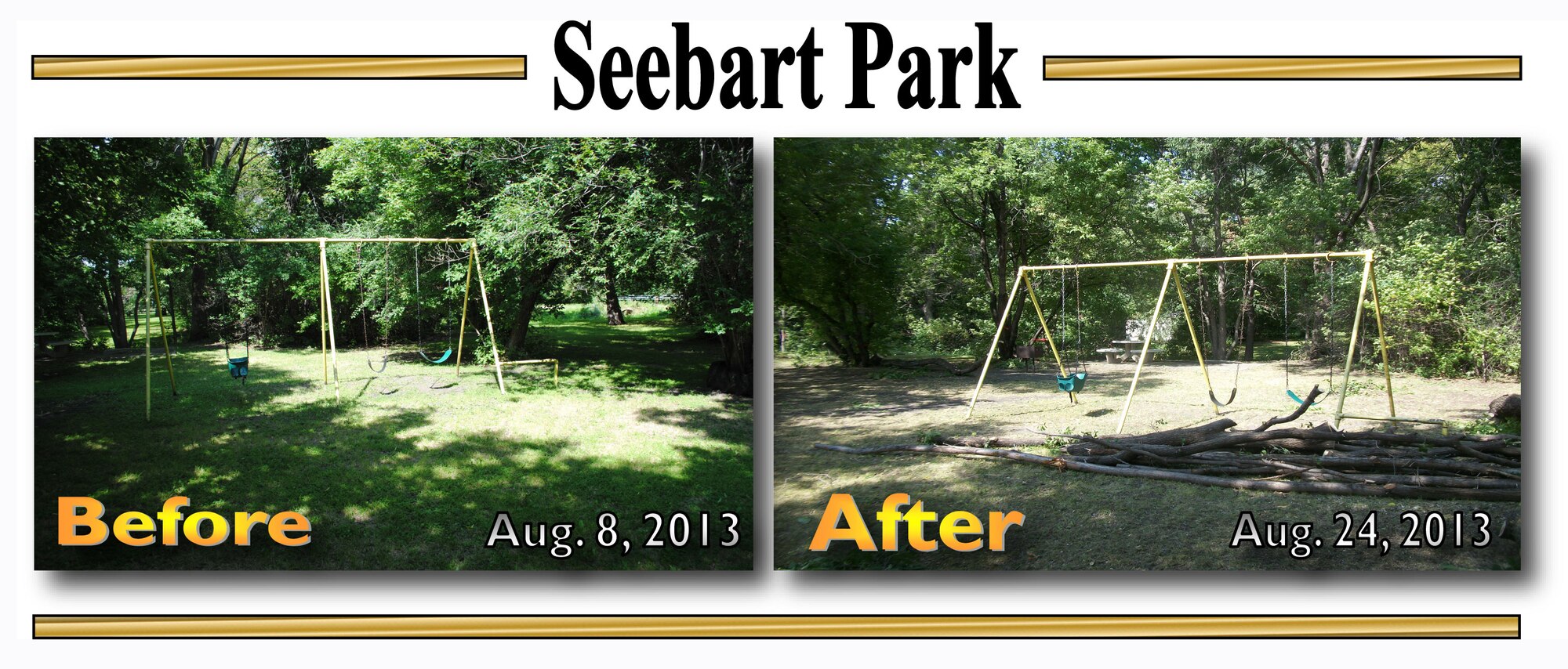 Overgrown trees in Seebart Park in Emerado, N.D. cast dark shadows in the before photo taken Aug. 8, 2013. The sun’s rays cover more of the park grounds in the after photo taken Aug. 24, 2013. Seven Warriors of the North from Grand Forks Air Force Base, N.D., volunteered to help do some landscaping as part of a beautification project for the park in the nearby town.(U.S. Air Force photo/Staff Sgt. Luis Loza Gutierrez)