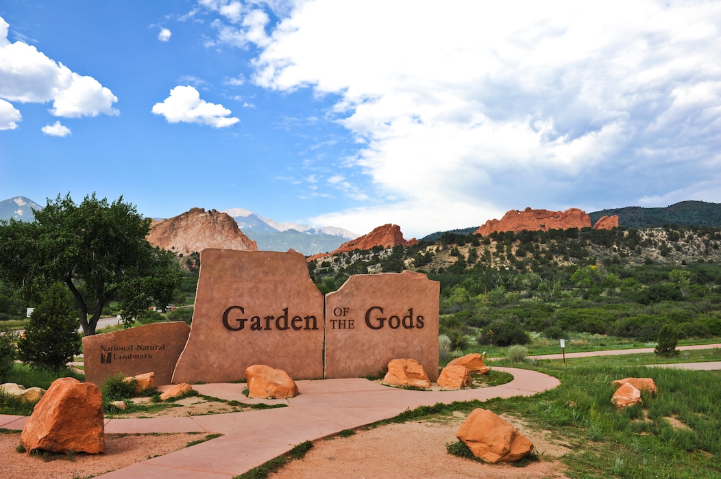 Garden of the Gods, a national natural landmark, is located at the base of the snow-capped Pikes Peak Aug. 17, 2013, Colorado Springs, Colo. The park boasts several red and white stone formations, including Cathedral Rock, Balanced Rock and Kissing Camels. (U.S. Air Force photo by Airman 1st Class Riley Johnson/Released)