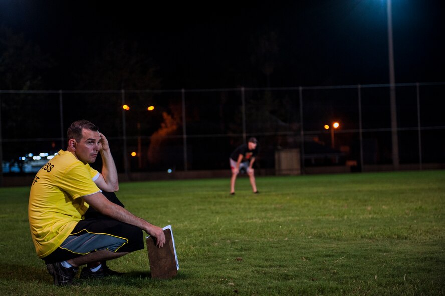 Michael Rory, 39th Force Support Squadron NCO in charge of the fitness assessment facility, watches from the outfield during a kickball tournament Aug. 23, 2013, at Incirlik Air Base, Turkey.  More than 50 Airmen and civilians from the 39th FSS, 39th Air Base Wing command post, 39th Logistics Readiness Squadron and 39th ABW Wing Staff Agencies gathered for the tournament. (U.S. Air Force photo by Airman 1st Class Nicole Sikorski/Released)