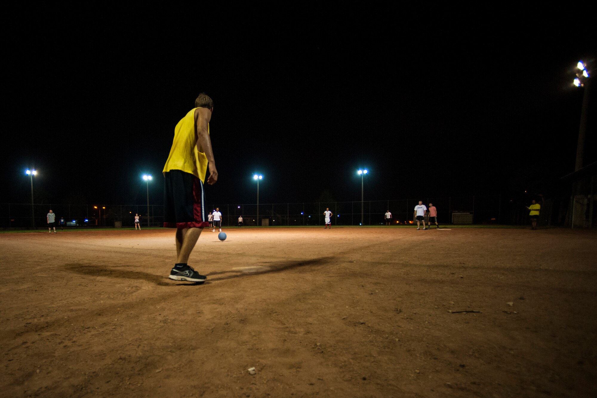 Patrick Ostrand, 39th Force Support Squadron golf course recreation aid, steps up the plate during a kickball tournament Aug. 23, 2013, at Incirlik Air Base, Turkey.  Ostrand, along with other Airmen and civilians from the 39th FSS, faced off against the 39th Air Base Wing command post, 39th Logistics Readiness Squadron and 39th ABW Wing Staff Agencies. (U.S. Air Force photo by Airman 1st Class Nicole Sikorski/Released)