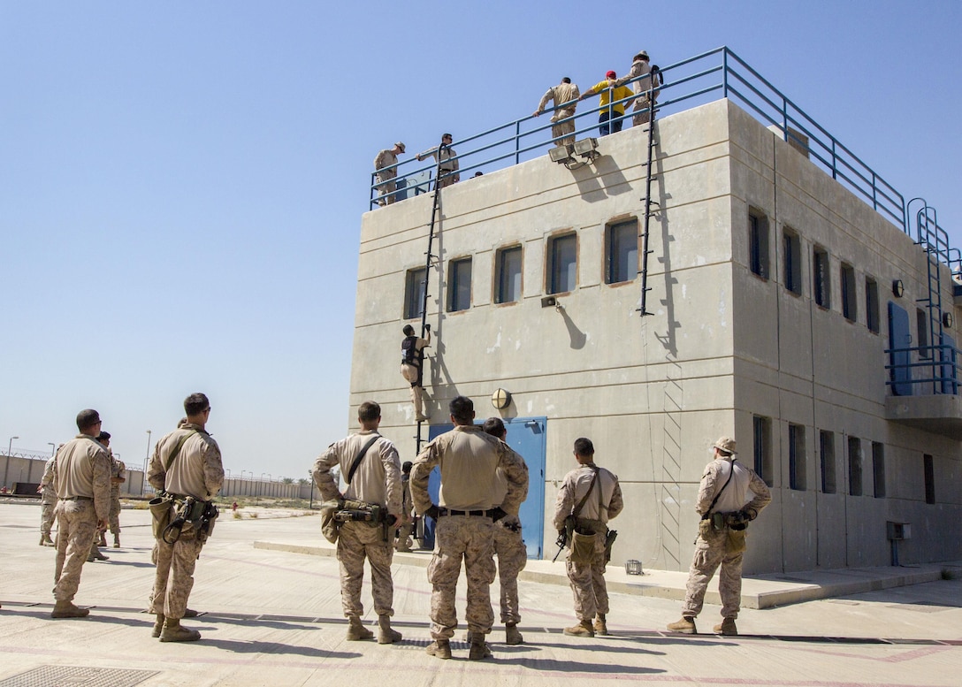 U.S. Marines assigned to Force Reconnaissance Platoon, Maritime Raid Force, 26th Marine Expeditionary Unit (MEU), observe as a foreign soldier climbs a ladder during simulated Maritime Interdiction Operations (MIO) training in the U.S. 5th Fleet area of responsibility, Aug. 27, 2013. The 26th MEU is a Marine Air-Ground Task Force forward-deployed to the U.S. 5th Fleet area of responsibility aboard the Kearsarge Amphibious Ready Group serving as a sea-based, expeditionary crisis response force capable of conducting amphibious operations across the full range of military operations. (U.S. Marine Corps photo by Sgt. Christopher Q. Stone, 26th MEU Combat Camera/Released)