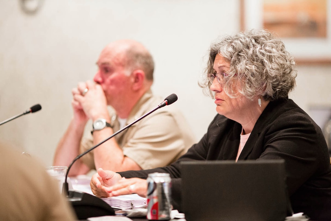 Foreground: Non-DoD Co-Chair, Mrs. Suzanne Crockett-Jones

Background: DoD Co-Chair, VADM Matthew L. Nathan, M.D. (U.S. Navy)