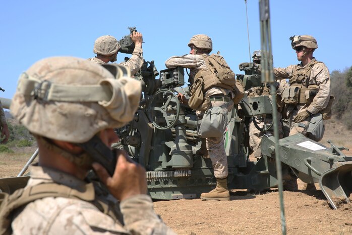 Marines serving with 1st Battalion, 11th Marine Regiment, adjust the elevation of an M777 Lightweight Howitzer during a 10-day artillery training exercise here, Aug. 23, 2013. Marines with the entire regiment conducted the live-fire training exercise from Aug. 19 through 28.