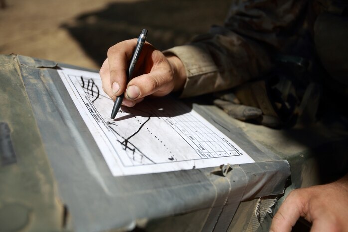 Lance Cpl. James Miller, field artillery cannoneer, Kilo Battery, 2nd Battalion, 11th Marine Regiment, sketches a range card during the 11th Marines fire exercise here, Aug. 22, 2013. The range card is used by the Marines to measure distance between them and enemy forces in case of an attack on their position. Eleventh Marines, an artillery regiment comprised of four battalions, demonstrated their ability to shoot, move and communicate to support of 1st Marine Division during a large-scale, live-fire training exercise, Aug. 19 through 28. Miller is a native of Grand Rapids, Minn.