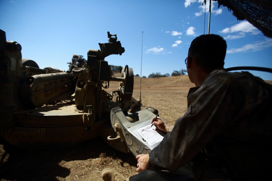 Lance Cpl. James Miller, field artillery cannoneer, Kilo Battery, 2nd Battalion, 11th Marine Regiment, sketches a range card during the 11th Marines fire exercise here, Aug. 22, 2013. The range card is used by the Marines to measure distance between them and enemy forces in case of an attack on their position. Eleventh Marines, an artillery regiment comprised of four battalions, demonstrated their ability to shoot, move and communicate to support of 1st Marine Division during a large-scale, live-fire training exercise, Aug. 19 through 28. Miller is a native of Grand Rapids, Minn.