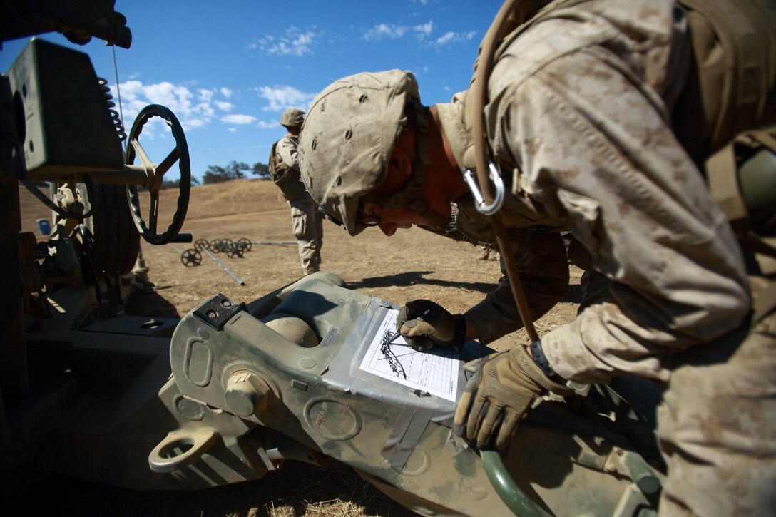 Lance Cpl. James Miller, field artillery cannoneer, Kilo Battery, 2nd Battalion, 11th Marine Regiment, sketches a range card during the 11th Marines fire exercise here, Aug. 22, 2013. The range card is used by the Marines to measure distance between them and enemy forces in case of an attack on their position. Eleventh Marines, an artillery regiment comprised of four battalions, demonstrated their ability to shoot, move and communicate to support of 1st Marine Division during a large-scale, live-fire training exercise, Aug. 19 through 28. Miller is a native of Grand Rapids, Minn.