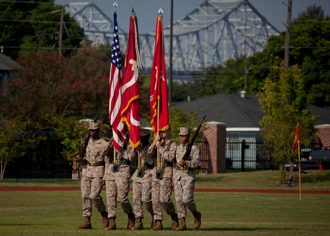 The Marine Forces Reserve color guard assumes their position during the MARFORRES assumption of command and appointment ceremony aboard Marine Corps Support Facility New Orleans, Aug. 28, 2013. Lt. Gen. Richard P. Mills, the commander of MARFORRES and Marine Forces North, is taking charge of the largest command in the Marine Corps, encompassing more than 100,000 Marines at more than 160 sites in 47 U.S. states, Guam and Puerto Rico. 