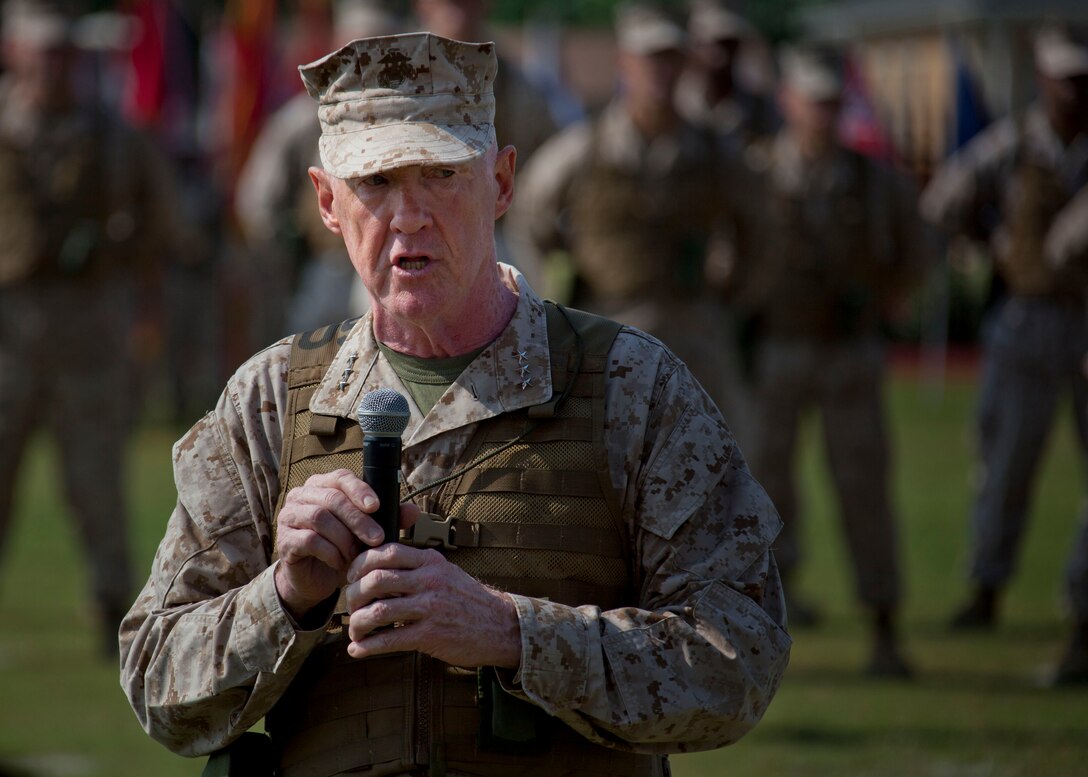 Lt. Gen. Richard P. Mills, the commander of Marine Forces Reserve and Marine Forces North, gives his remarks to Marines and guests during the MARFORRES assumption of command and appointment ceremony aboard Marine Corps Support Facility New Orleans, Aug. 28, 2013. Mills is taking charge of the largest command in the Marine Corps, encompassing more than 100,000 Marines at more than 160 sites in 47 U.S. states, Guam and Puerto Rico. 